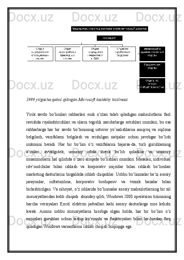 1999 yilgacha qabul qilingan Microsoft tashkiliy tuzilmasi
Yirik   savdo   bo’limlari   rahbarlari   endi   o’zlari   talab   qiladigan   mahsulotlarni   faol
ravishda rejalashtirishlari va ularni tegishli xaridorlarga sotishlari mumkin, bu esa
rahbarlarga   har   bir   savdo   bo’limining   ustuvor   yo’nalishlarini   aniqroq   va   oqilona
belgilash,   vazifalarni   belgilash   va   erishilgan   natijalar   uchun   javobgar   bo’lish
imkonini   beradi.   Har   bir   bo’lim   o’z   vazifalarini   bajarsa-da,   turli   guruhlarning
a’zolari,   avvalgidek,   umumiy   ishda   sherik   bo’lib   qoladilar   va   umumiy
muammolarni hal qilishda o’zaro aloqada bo’lishlari mumkin. Masalan, individual
iste’molchilar   bilan   ishlash   va   korporativ   mijozlar   bilan   ishlash   bo’limlari
marketing dasturlarini birgalikda ishlab chiqadilar. Ushbu bo’linmalar ba’zi asosiy
jarayonlar,   infratuzilma,   korporativ   boshqaruv   va   texnik   bazalar   bilan
birlashtirilgan. Va nihoyat, o’z ishlarida bo’linmalar asosiy mahsulotlarning bir xil
xususiyatlaridan kelib chiqadi: shunday qilib, Windows 2000 operatsion tizimining
barcha   versiyalari   Excel   elektron   jadvallari   kabi   asosiy   dasturlarga   mos   kelishi
kerak.   Ammo   ushbu   xususiyatlarni   hisobga   olgan   holda,   har   bir   bo’lim   o’z
mijozlari   guruhlari   uchun   tashqi   ko’rinishi   va   funktsiyalari   bilan   bir-biridan   farq
qiladigan Windows variantlarini ishlab chiqish huquqiga ega. 