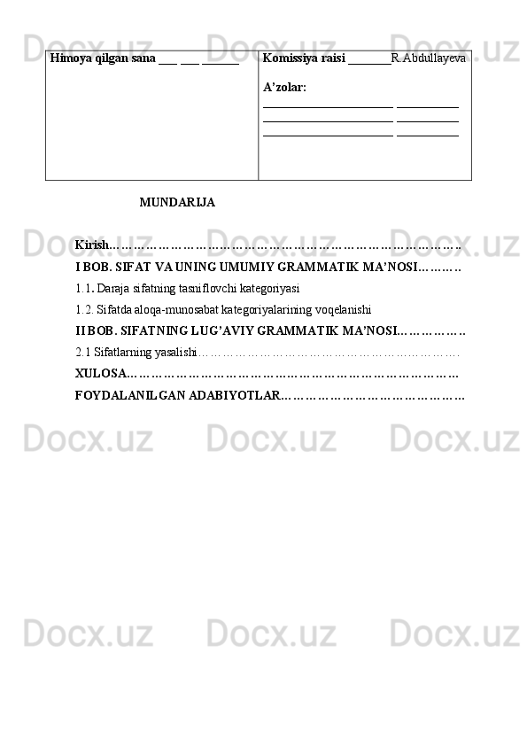 Himoya qilgan sana  ___ ___ ______ Komissiya raisi  _______R.Abdullayeva
A’zolar:
_____________________  __________
_____________________  __________
_____________________  __________
                     MUNDARIJA
Kirish…………………………………………………………………………..
I BOB. SIFAT VA UNING UMUMIY GRAMMATIK MA’NOSI………..
1.1 .  Daraja sifatning tasniflovchi kategoriyasi 
1.2. Sifatda aloqa-munosabat kategoriyalarining voqelanishi
II BOB. SIFATNING LUG’AVIY GRAMMATIK MA’NOSI……………..
2.1 Sifatlarning yasalishi……………………………………………………….
XULOSA………………………………………………………………………
FOYDALANILGAN ADABIYOTLAR……………………………………… 