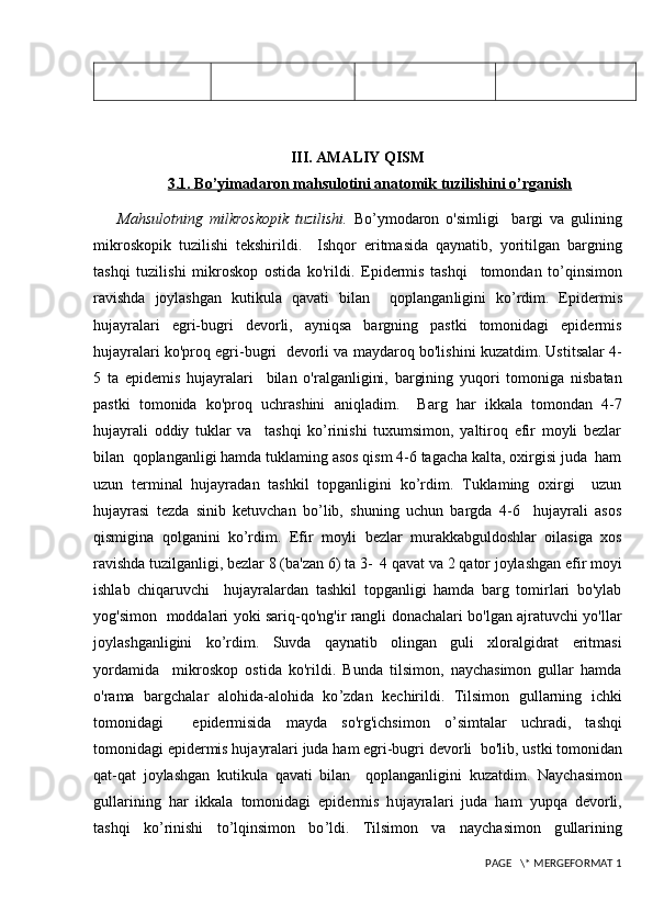 III. AMALIY QISM
3.1. Bo’yimadaron mahsulotini anatomik tuzilishini o’rganish
Mahsulotning   milkroskopik   tuzilishi.   Bo’ymodaron   o'simligi     bargi   va   gulining
mikroskopik   tuzilishi   tekshirildi.     Ishqor   eritmasida   qaynatib,   yoritilgan   bargning
tashqi   tuzilishi   mikroskop   ostida   ko'rildi .   Epidermis   tashqi     tomondan   to ’ qinsimon
ravishda   joylashgan   kutikula   qavati   bilan     qoplangan ligini   ko’rdim .   Epidermis
hujayralari   egri-bugri   devorli,   ayniqsa   bargning   pastki   tomonidagi   epidermis
hujayralari ko'proq egri-bugri    devorli va maydaroq bo'li shini kuzatdim . Ustitsalar 4-
5   ta   epidemis   hujayralari     bilan   o 'ralgan ligini ,   bargining   yu qori   tomoniga   nisbatan
pastki   tomonida   ko'proq   uchra shini   aniqladim .     Barg   har   ikkala   tomondan   4-7
hujayrali   oddiy   tuklar   va     tashqi   ko’rinishi   tuxumsimon,   yaltiroq   efir   moyli   bezlar
bilan  qoplanganligi hamda tuklaming asos qism 4-6 tagacha kalta, oxirgisi juda  ham
uzun   terminal   hujayradan   tashkil   topganligini   ko’rdim.   Tuklaming   oxirgi     uzun
hujayrasi   tezda   sinib   ketuvchan   bo’lib,   shuning   uchun   bargda   4-6     hujayrali   asos
qismigina   qolganini   ko’rdim.   Efir   moyli   bezlar   murakkabguldoshlar   oilasiga   xos
ravishda tuzilganligi, bezlar 8 (ba'zan 6) ta 3-  4 qavat va 2 qator joylashgan efir moyi
ishlab   chiqaruvchi     hujayralardan   tashkil   topganligi   hamda   barg   tomirlari   bo'ylab
yog'simon   moddalari yoki sariq-qo'ng'ir rangli donachalari bo'lgan ajratuvchi yo'llar
joylashganligini   ko’rdim.   Suvda   qaynatib   olingan   guli   xloralgidrat   eritmasi
yordamida     mikroskop   ostida   ko'rildi.   Bunda   tilsimon,   naychasimon   gullar   hamda
o 'rama   bargchalar   alohida-alohida   ko ’ zdan   kechirildi.   Tilsimon   gullarning   ichki
tomonidagi     epidermisida   mayda   so 'rg'ichsimon   o’ simtalar   uchradi,   t as hqi
tomonidagi epide r mis hujayralari juda ham egri-bugri devorli    bo'lib, ustki tomonidan
qat-qat   joylashgan   kutikula   qavati   bilan     qoplangan ligini   kuzatdim .   Naych as imon
gullarining   har   ikkala   tomonidagi   epidermis   h u jayra lar i   j u da   ham   yupqa   devorli,
tashqi   ko ’ rinishi   to ’l qinsimon   bo ’ ldi.   Tilsimon   va   naychasimon   g ullarining
 PAGE   \* MERGEFORMAT 1 