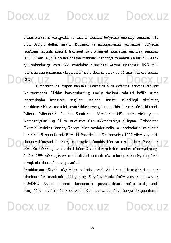 infrastrukturasi,   energetika   va   maorif   sohalari   bo'yicha)   umumiy   summasi   910
min.   AQSH   dollari   ajratdi.   Beg'araz   va   insonparvarlik   yordamlari   bO'yicha
sog'liqni   saqlash.   maorif.   transport   va   madaniyat   sohalariga   umumiy   summasi
130,83 min. AQSH dollari bo'lgan resurslar Yaponiya tomonidan ajratildi . 2005-
yil   yakunlariga   ko'ra   ikki   mamlakat   o·rtasidagi   –tovar   aylanmasi   85.3   min.
dollarni. shu jumladan. eksport 31.7 mln. doll, import - 53,56 min. dollarni tashkil
etdi.
            O’zbekistonda   Yapon   kapitali   ishtirokida   9   ta   qo'shma   korxona   faoliyat
ko’'rsatmoqda.   Ushbu   korxonalarning   asosiy   faoliyat   sohalari   bo'lib   savdo
operatsiyalar   transport,   sog'liqni   saqlash,   turizm   sohasidagi   xirnlatiar,
mashinasozlik va metallni qayta ishlash. yengil sanoat  hisoblanadi. O'zbekistonda
Mitsui.   Mitsubishi.   Itochu.   Sumitomo.   Marubeni.   NEe   kabi   yirik   yapon
kompaniyalarining   21   ta   vakolatxonalari   akkreditatsiya   qilingan.   O'zbekiston
Respublikasining   Janubiy   Koreya   bilan   savdoiqtisodiy   munosabatlarini   rivojlanib
borishida Respublikamiz Birinchi Prezidenti I. Karimovning 1992-yilning iyunida
Janubiy   Koreyada   bo'lishi,   shuningdek.   Janubiy   Koreya   respublikasi   Prezidenti
Kim En Salnning javob tashrifi bilan O'zbekistonga kelishi muhim ahamiyatga ega
bo'ldi. 1994-yilning iyunida ikki davlat  o'rtasida  o'zaro tashqi  iqtisodiy aloqalarni
rivojlantirishning huquqiy asoslari
hisoblangan   «Savdo   to'g'risida»,   <dlrniy-texnologik   hamkorlik   to'g'risida»   qator
shartnornalar irnzolandi. 1996-yilning 19-iyulida Asaka shahrida avtomobil zavodi
«UzDEU   Avto»   qo'shma   korxonasini   prezentastiyasi   ho'lib   o'tdi,   unda
Respublikamiz   Birinchi   Prezidenti   I.Karimov   va   Janubiy   Koreya   Respublikasini
52 