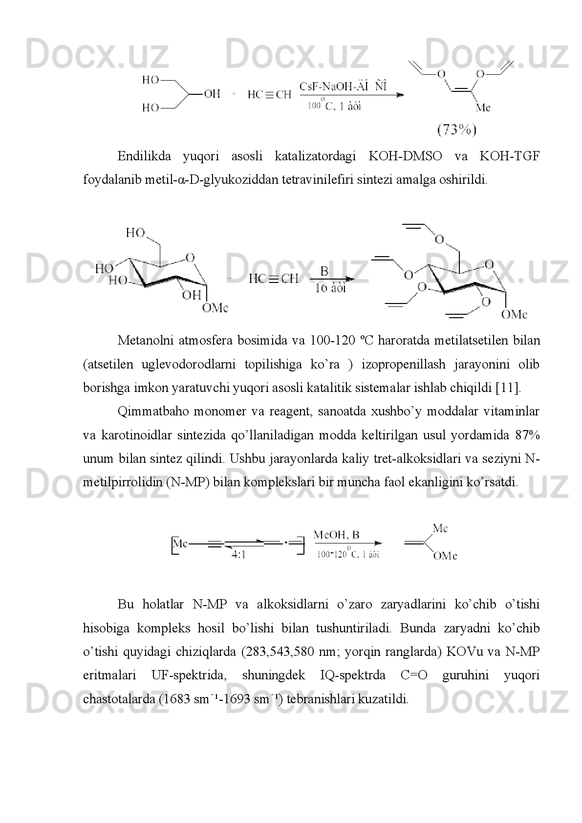 3.Alkilmagniy   galogenidi   ta’sirida   protonlangan   vodorod   alkil   radikali   bilan
birlashib   alkanga   aylanadi   va   С≡С   bog’   ushlagan   magniy   organik   birikma   hosil
bo’ladi:
4.Natriyning suyuq ammiakdagi eritmasi ta’sirida vodorod natriyga aylanadi:
Harakatchan vodorod hisobiga bir qator muhim kondensatsiya reaksiyalari ketadi:
а)   KOН     yoki   NaOН     ishtirokida   (dietilefir   muhitida)   5   -   10°С   da   atsetilen
ketonlar   bilan   reaksiyaga   kirishib   etinil   guruhi   ushlagan   uchlamchi   spirtlar
(Favorskiy)
Yoki aldegidlar bilan ikkilamchi spirtlarni (Reppe)
Formaldegid bilan esa birlamchi spirtli (propalgil spirt) hosil qiladi
Bu reaksiyalarda yana qo’shimcha modda – glikollar ham sintez bo’ladi. 