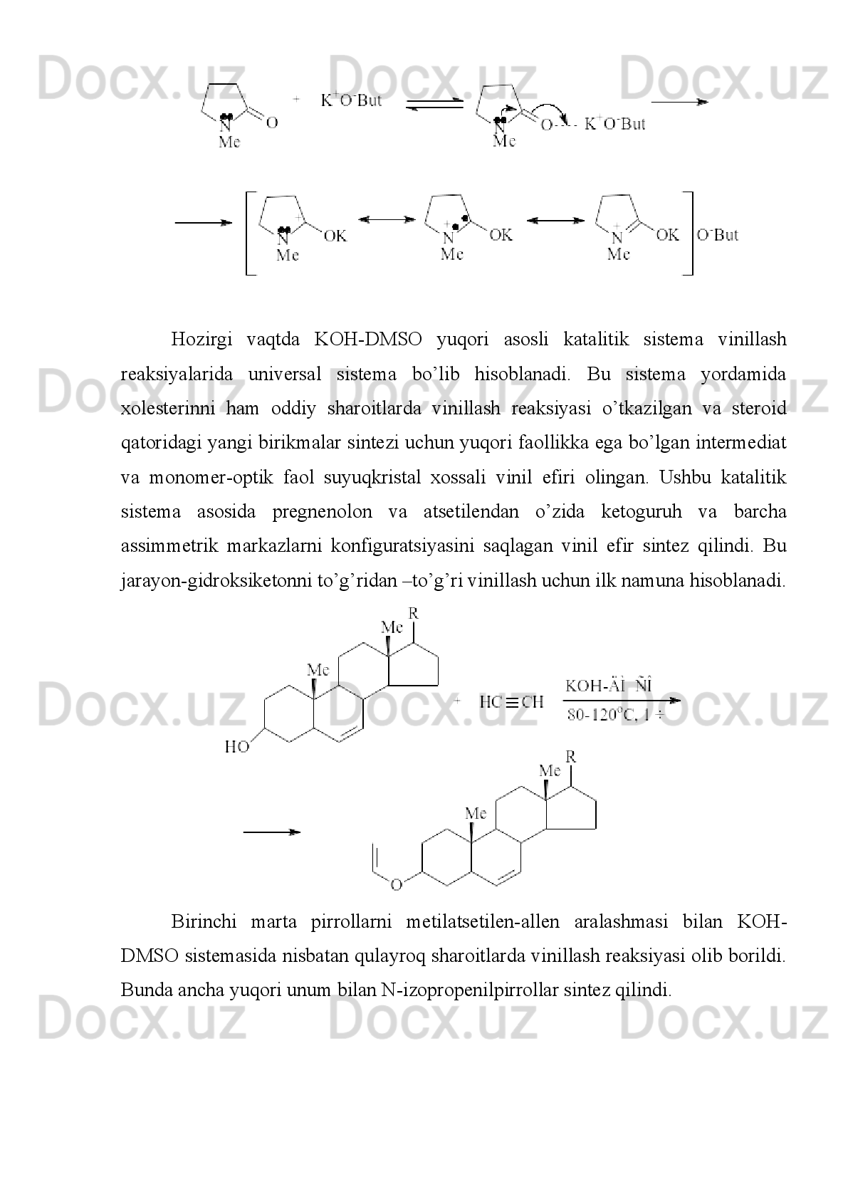 Atsetilen   va   uning   R-C≡   CH   kabi   gamologlarini   aldegid   va   ketonlar   bilan
reaksiyasi,   masalan,   KOH   ishtirokida   va   efirli   muhitda   quyidagi   mehanizm
bilan ketishi taxmin qilinadi:C	H	C	H + K	O	H	 	H	C	C	K + H	2O	
H	C	C	K	 + R	C	O	R	 	HC	C	C	(O	K	)R	R	, 	, 	
H	C	C	C	(O	K	)R	R
, 
+ H	2O	H	C	C	C	(O	H)R	R
, 
+ KO	H
      Glikollarni hosil bo’lishi:
   	
HC	CH + 2KOH	KC	CK +2H2O	
KC	CK + 2RCOR	RR C(OK)C	CC(OK)RR	
,	,	,	
RR C(OK)C	CC(OK)RR	
,	,
+H2O 	RR C(OH)C	CC(OH)RR+2KOH	
,	,
b) Atsetilen aldegid va ketonlar bilan Сu
2 C
2  ta’sirida, asosan glikollar hosil qiladi 
(Reppe). Masalan, formaldegid bilan reaksiyasida (90 - 95°S, 4 – 6 atm ) propargil 
spirtini hosil bo’lishi orqali 90–92% unum bilan juda ahamiyatli bo’lgan butindiol–
1,4 sintez qilinadi:
Yoki ketonlar bilan 
v) Atsetilenning bir qator geterotsiklik ketonlar (piran, tiopiran va piperidin 
qatoridagilar) bilan ta’siridan uchlamchi spirtlar olinadi.