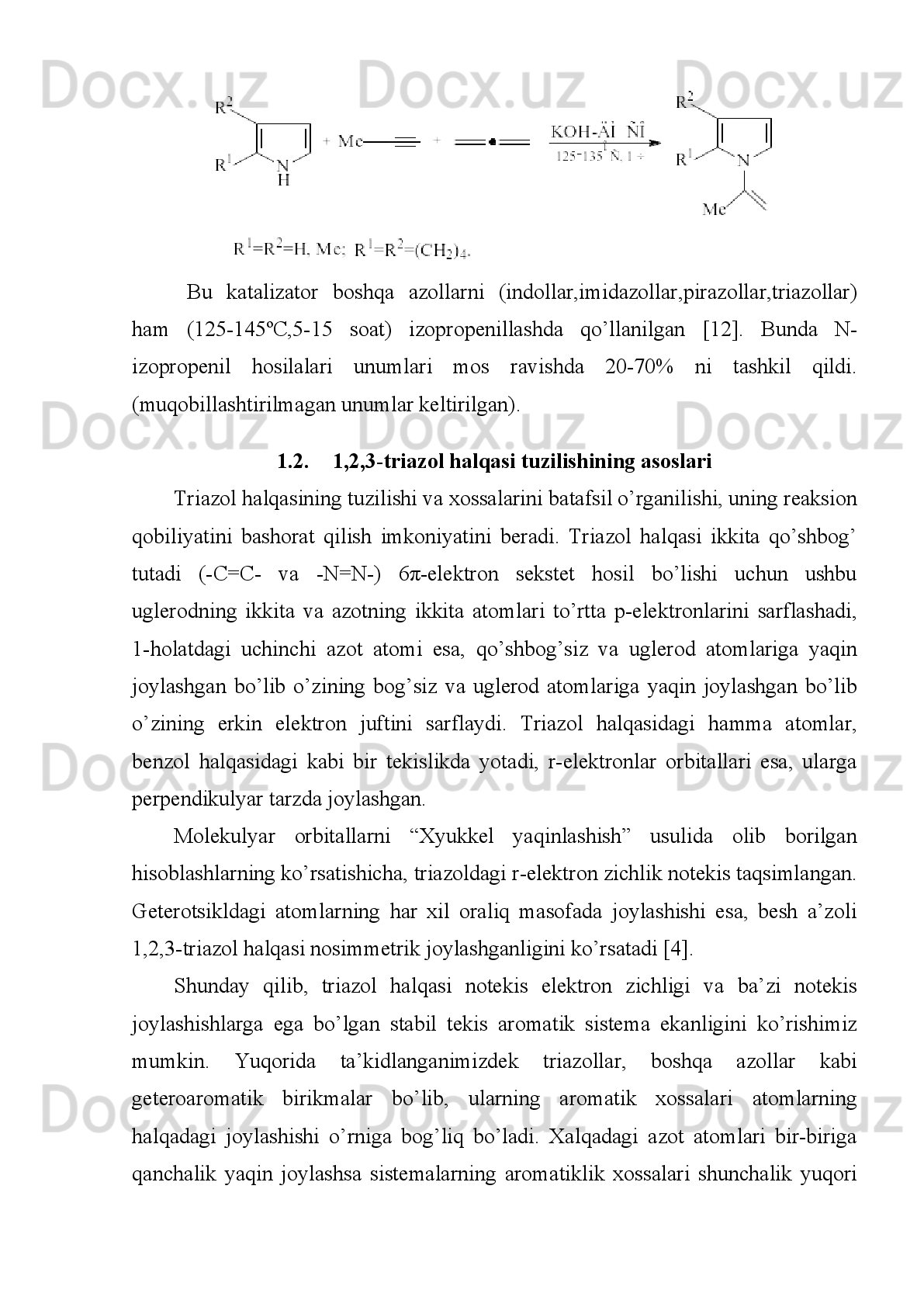 Bu reaksiyalar ham absolyutlangan dietilefir muhitida 5 - 10°S da boradi. Sintez
qilingan moddalarning unumi 30 – 60% bo’ladi. Atsetilen yoki uning RC≡CH
tarkibli  gomologlarini  keton va aldegidlar bilan ishqorlar  ishtirokida, masalan,
KOН   ta’siridagi   reaksiyalari   quyidagi   mexanizm   bilan   ketadi   deb   taxmin
qilinadi:C	H	C	H + KO	H 	HC	C	K + H2O	
HC	C	K + RC	O	R 	HC	C	C	(O	K)RR	, 	, 	
HC	C	C	(O	K)RR, + H2O	HC	C	C	(O	H)RR
, 
+ KO	H
Jarayonda ushbu qo’shimcha reaksiyalar ham ketishi mumkin:	
HC	CH + 2KOH	KC	CK +2H2O	
KC	CK + 2RCOR	RR C(OK)C	CC(OK)RR	
,	,	,	
RR C(OK)C	CC(OK)RR	
,	,
+H2O 	RR C(OH)C	CC(OH)RR+2KOH	
,	,
Aldegidlar bilan reaksiyalarda qo’shimcha modda sifatida yana 