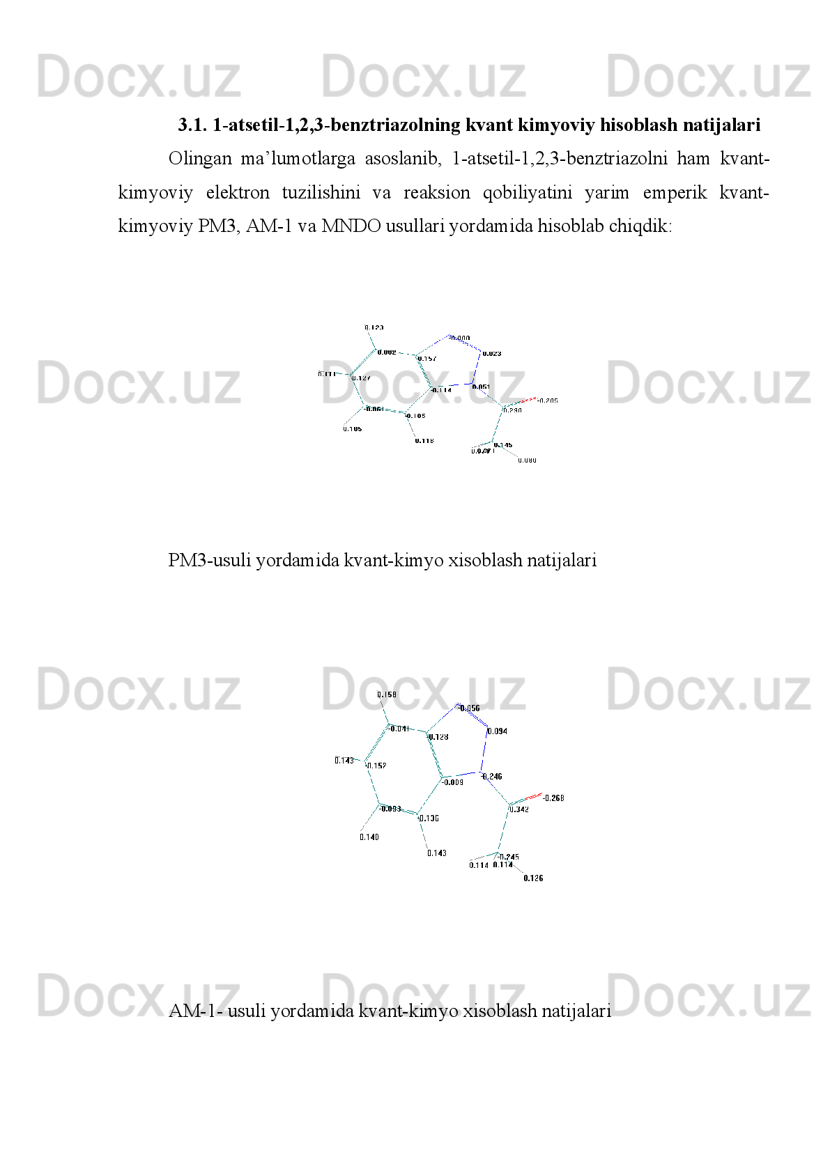 poliempirik metodlar ishlab chiqilgan.  (12-бетдан)  MNDO metodi INDO ning
modifikatsiyalangan ko’rinishi hisoblanadi [47]. 
Quyidagi   [50-54]   ishlarda   mualiflar   ligandlarning   protonlangan   shakllariga
asoslanib,   2-amino-1,3,4-tiadiazol   va   2-amino-5-etil-1,3,4-tiadiazollarni
elektron tuzilishini  kvant-kimyoviy hisoblashlar asosida o’rganildi. Natijalarga
ko’ra,   atomlarning   hisoblangan   zaryadlari   qiymati,   MNDO   usuli   bo’yicha
olingan   bo’lib,   bunday   modellarda   molekuladagi   koordinatsiyalanadigan
reaksion   markazlarning     aytishning   imkonini   bermaydi,   negaki   modellarda
molekulalararo   vodorod   bog’   hisobga   olinmagan   edi.   Shuning   uchun   adikvat
model   protonlangan   shakllarning   energiya   qiymatlari   farqidan   (13)   va
boshlang’ich molekulalarning energiyasi (12) dan tuziladi.N	N	
S	
N	H	2	R	1	
2
3	4
5	N	N	
S	
N	H	2	R	1	2
3	4
5	
H+
R = H, C
2 H
5
(12) (13)
MNDO   metodi   natijalarining   ko’rsatishicha,   N 3
-   donor   atomiga     (13)
protonning   koordinatsiyalanishi,   molekuladagi   hamma   atomlarning   elektron
zichligi koordinirlanadigan atomga to’planadi, natijada manfiy zaryad qiymatini
oladi   va   donor-akseptor   yo’nalish   konsepsiyasiga   asosan,   amalga   oshadi.
Atomlar   orasida   bog’   uzunligi   koordinnirlangan   molekulada,   ligandga   (12)
nisbattan   kattadir,   bog’   uzunligi       esa   (Н +
-formadagi   protonga   bo’lgan   oraliq
(13)) kamayadi.
[48] –maqolada mualliflari Sn (II) ning 2-amino-5-metil-1,3,4-tiadiazol bilan
kompleksining IQ-spektroskopik qo’zg’alish natijalari  o’rganilgan. Yuqoridagi
ilmiy   ishlardagi   kabi,   bu   ishda   ham   mualliflar   IQ-spektroskopiya   natijalariga
tayanib, geterotsiklik ligandda koordinatsiya ekzotsiklik azot atomidan ketishini
ta’kidlashgan.   