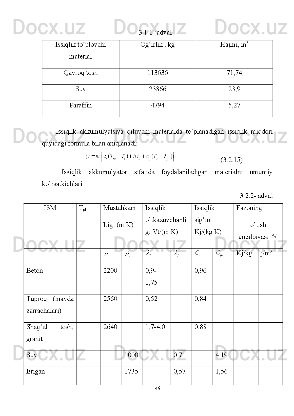 Bu   yerda:   a   va   b   -   doimiy   koeffitsiyent   kattaliklar   bo‘lib.   ularning   qiymati
tajribadan olinadi.
Issiqlik   akkumulyatorining   suv   hajmi   V   bo‘lib,   uning   atrofi   issiqlik
saqlovchi   material   bilan   qoplangan.   Shu   suv   hajmida   to‘plangan   issiqlik   miqdori
hisobila belgilangan sistemaga issiq suv yuboriladi.
Issiqlik akkumulyatoridan iste’molga yuboriladigan issiqlik miqdori
  ( 3 .2. 4 )
K - issiklik akkumulyatorining issiklik berish koeffitsiyenti. 
Agar issiklik akkumulyatoridagi suvning temperaturasi TA<Tk.kal bo‘lsa, u
holla   qo‘shimcha   isitish   sistemasi   avtomatik   boshqariladi   va   bioyenergetik   suv
kizdirgich   sistemasi   ishga   tushib   ketadi   bunda   issiq   suv   sarfi   Gi   quyidagi   (3.2.4)
tenglik bilan aniqlanadi:
 (3.2.5)
Isitiladigan   sistemaning   suv   temperaturalari   TKis,   Ti   yordamida
normallashtirib turiladi va 4-qurilmaga qayd qilib boriladi.
Natijada   isitiladigan   sistemaga   beriladigan   issiq   suv   sarfi   doimiy   saqlanadi
va bu uyidagi (formula yordamida aniqlanadi:
            (3.2.6)
      (3.2.7)
      (3.2.8)
m-kombinaniyalashgan   yokilg‘i-quyosh   suv   isitish   qurilmasining
koeffitsiyenti bo‘lib, m – 0,15- 0,40 ;
Demak. agar TA< Tg yani bunda
                                             (3.2.9)
41