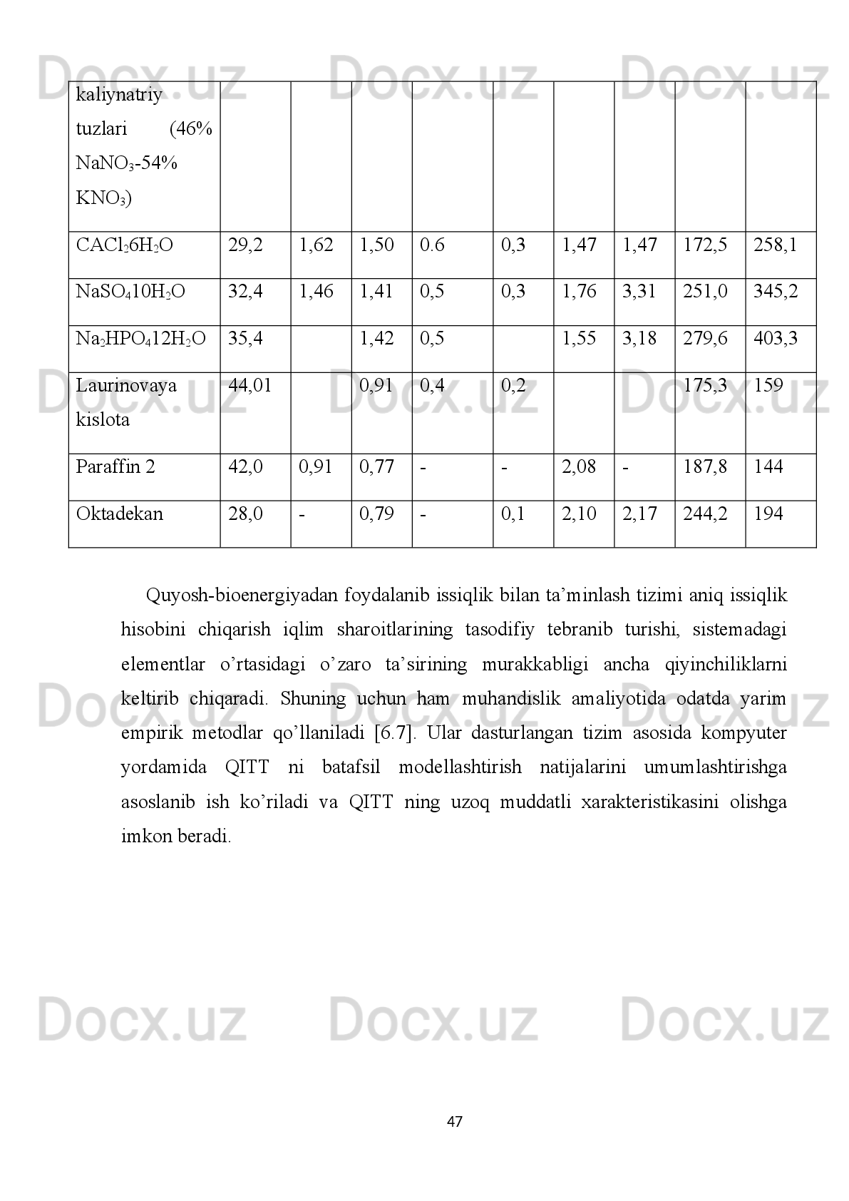 B o’ lsa,   3.2.2-rasmdagi   sxema   bo‘yicha   kombinatsiyalashtirilgan   quyosh
bioenergiyaa   bilan   isitiladigan   suv   isitish   sistemada   normal   temperatura   yuzaga
keladi.
  Agar   quyosh   kollektorini   quvvati   yetmasa   7-klapan   yopiladi   va   ikkinchi
bioenergiya termo qizdirgich qurilmasidan temperaturasi  T
x   =343 K, T
e   - 253 K ,
bosim P - 2 Pa, issiq suv sarfi L - 140 l / soat bo‘lgan suv issiqlik akkumulyatorga
4 orqali uzatiladi. Bu issiq suv isitish xonasiga, ya’ni, iste’molga uzatiladi. 
Agar  TX≺TAT≺TK   bo‘lsa   7-klapan   ochiladi   va   issiqlik   akkumulyatorida
issiqlik to‘planadi hamda T
a   akkumulyatorning temperaturasi ko‘tariladi. Natijada
isitish sistemasining temperaturasi issiqlik akkumulyatori orqali isitish xonasi 6-ga
beriladi.
Agar   T
A >T
quyosh   kol   bo’lsa   u   holda   isitiladigan   bino   temperaturasi   quyosh
energiyasi   hisobidan   to’plangan   akkumulyatordagi   issiq   suv   energiyasi   hisobidan
isitiladi.   Issiqlik   akkumulyatoridan   suvning   temperaturasi   T
ak ≤298K   bo’lganda
ko’p konturli nazorat relesi ishga tushadi va biogaz qozon qurilmasidan issiq suvni
qo’shadi.   Albatta   isitish   sistemasini   temperaturasi   normallashtirib   boorish   faqat
issiq   suv   sarfi   L/soat   qaytish   bosimi   P=2   Pa  orqali   belgilanib   tartibga   tushiriladi.
Ikki   konturli   quyosh   –   bioenergiyadan   foydalanib   suv   isitish   geliokollektorini
umumiy ko’rinishi 3.2.5 – rasmda keltirilgan.
42