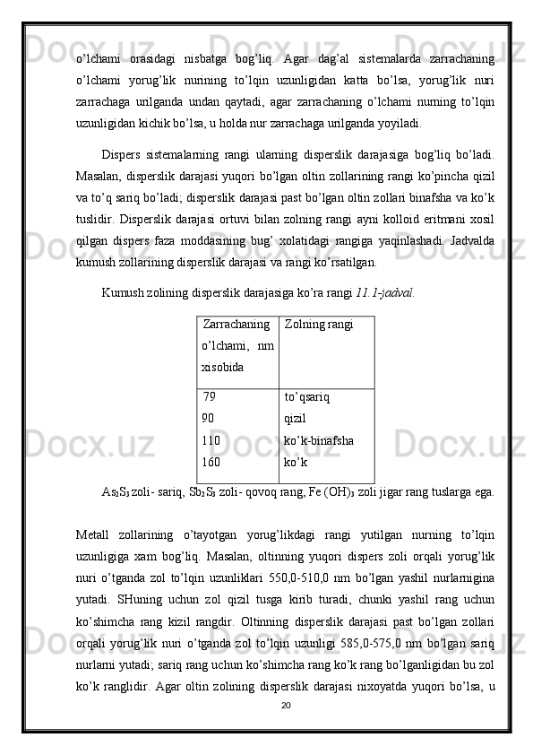 o’lchami   orasidagi   nisbatga   bog’liq.   Agar   dag’al   sistemalarda   zarrachaning
o’lchami   yorug’lik   nurining   to’lqin   uzunligidan   katta   bo’lsa,   yorug’lik   nuri
zarrachaga   urilganda   undan   qaytadi,   agar   zarrachaning   o’lchami   nurning   to’lqin
uzunligidan kichik bo’lsa, u holda nur zarrachaga urilganda yoyiladi. 
Dispers   sistemalarning   rangi   ularning   disperslik   darajasiga   bog’liq   bo’ladi.
Masalan,  disperslik darajasi  yuqori  bo’lgan oltin zollarining rangi ko’pincha qizil
va to’q sariq bo’ladi; disperslik darajasi past bo’lgan oltin zollari binafsha va ko’k
tuslidir.   Disperslik   darajasi   ortuvi   bilan   zolning   rangi   ayni   kolloid   eritmani   xosil
qilgan   dispers   faza   moddasining   bug’   xolatidagi   rangiga   yaqinlashadi.   Jadvalda
kumush zollarining disperslik darajasi va rangi ko’rsatilgan. 
Kumush zolining disperslik darajasiga ko’ra rangi  11.1-jadval.
Zarrachaning
o’lchami,   nm
xisobida  Zolning rangi 
79  
90  
110  
160  to’qsariq  
qizil  
ko’k-binafsha  
ko’k 
As
2 S
3  zoli- sariq, Sb
2 S
3  zoli- qovoq rang, Fe (OH)
3  zoli jigar rang tuslarga ega.
Metall   zollarining   o’tayotgan   yorug’likdagi   rangi   yutilgan   nurning   to’lqin
uzunligiga   xam   bog’liq.   Masalan,   oltinning   yuqori   dispers   zoli   orqali   yorug’lik
nuri   o’tganda   zol   to’lqin   uzunliklari   550,0-510,0   nm   bo’lgan   yashil   nurlarnigina
yutadi.   SHuning   uchun   zol   qizil   tusga   kirib   turadi,   chunki   yashil   rang   uchun
ko’shimcha   rang   kizil   rangdir.   Oltinning   disperslik   darajasi   past   bo’lgan   zollari
orqali   yorug’lik   nuri   o’tganda   zol   to’lqin   uzunligi   585,0-575,0   nm   bo’lgan   sariq
nurlarni yutadi; sariq rang uchun ko’shimcha rang ko’k rang bo’lganligidan bu zol
ko’k   ranglidir.   Agar   oltin   zolining   disperslik   darajasi   nixoyatda   yuqori   bo’lsa,   u
20 