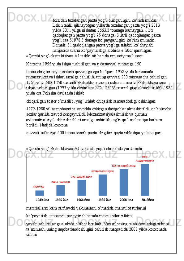foizidan tozalangan paxta yog‘I olinganligini ko‘rish mukin. 
Lekin tahlil qilinayotgan yillarda tozalangan paxta yog‘i 2013 
yilda 2011 yilga nisbatan 2663,2 tonnaga kamaygan. 1 litr 
qadoqlangan paxta yog‘i 95 donaga, 3 litrli qadoqlangan paxta 
yog‘i esa 51978,3 donaga ko‘payganligini ko‘rish mumkin. 
Demak, 3 l qadoqlangan paxta yog‘iga talabni ko‘chayishi 
natijasida ularni ko‘paytirishga alohida e’tibor qaratilgan.
«Qarshi yog -ekstraktsiya» АJ tashkiloti haqida umumiy ma`lumot.ʼ
Korxona 1955 yilda ishga tushirilgan va u dastavval sutkasiga 150
tonna chigitni qayta ishlash quvvatiga ega bo lgan. 1958 yilda korxonada 	
ʼ
rekonstruktsiya ishlari amalga oshirilib, uning quvvati 200 tonnagacha oshirilgan. 
1964 yilda ND-1250 rusumli ekstraktor rusumli uskuna asosida ekstraktsiya sexi 
ishga tushirilgan (1993 yilda ekstraktor ND-1250M rusumligiga almashtirildi). 1982 
yilda esa Polьsha davlatida ishlab
chiqarilgan toster o rnatilib, yog  ishlab chiqarish samaradorligi oshirilgan.	
ʼ ʼ
1972-1980 yillar mobaynida zavodda eskirgan dastgohlar almashtirildi, qo shimcha 	
ʼ
sexlar qurilib, zavod kengaytirildi. Mexanizatsiyalashtirish va qisman 
avtomatizatsiyalashtirish ishlari amalga oshirilib, og ir qo l mehnatiga barham 	
ʼ ʼ
berildi. Natijda korxona
quvvati sutkasiga 400 tonna texnik paxta chigitini qayta ishlashga yetkazilgan.
«Qarshi yog -ekstraktsiya» АJ da paxta yog i chiqishda yordamchi	
ʼ ʼ
materiallarni kam sarflovchi uskunalarni o rnatish, mahsulot turlarini	
ʼ
ko paytirish, tannarxni pasaytirish hamda maxsulotlar sifatini	
ʼ
yaxshilash ishlariga alohida e tibor beriladi. Maxsulotning talab darajadagi sifatini 	
ʼ
ta minlash, uning raqobatbardoshligini oshirish maqsadida 2008 yilda korxonada 	
ʼ
sifatni