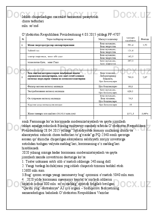 Ishlab   chiqariladigan   maxsulot   tannarxini   pasaytirish
chora   tadbirlari
mln.   so‘md
O‘zbekiston   Respublikasi   Prezidentining   4.03.2015   yildagi   PF-4707
sonli   Farmoniga   ko‘ra   korxonada   modernizatsiyalash   va   qayta   jixozlash
ishlari   amalga   oshiriladi Buning   moliyaviy   manbali   sifatida   O‘zbekiston   Respublikasi
Prezidentining   28.04.2015   yildagi   “Iqtisodiyotda   xususiy   mulkning   ulushi   va
ahamiyatini   oshirish   chora-tadbirlari   to‘g‘risida”gi   PQ-2340-sonli   qaroriga
asosan   qo‘shimcha   chiqarilgan   aksiyalarni   salohiyatli   xorijiy   investorga
sotishdan   tushgan   valyuta   mablag‘lari,   korxonaning   o‘z   mablag‘lari
hisoblanadi.
2020   yilning   oxiriga   kadar   korxonani   modernizatsiyalash   va   qayta
jixozlash   xamda   investitsion   dasturiga   ko‘ra:
1.   Toster   uskunasi   sotib   olib   o‘rnatish   ishlariga   240   ming   doll
2.   Yangi   turdagi   kichik(mini   yog   ishlab   chiqarish   tizimini   tashkil   etish
12600   mln.sum.
3.Bug‘   qozon   sexiga   yangi   zamonaviy   bug‘-qozonini   o‘rnatish   5040   mln.sum.
4.   .2020   yilda   korxonani   mavsumiy   kapital   ta’mirlash   ishlarini
bajarish   uchun   800   mln.   so‘m   mablag‘   ajratish   belgilab   berilgan.
"Qarshi   yog‘-ekstraksiya"   AJ   ijro   organi   –   boshqaruvi   faoliyatining
samaradorligini   baholash   O‘zbekiston   Respublikasi   Vazirlar 