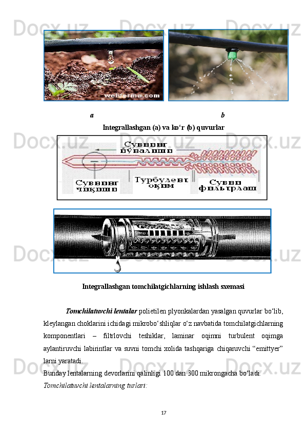 a                                                                       b 
Integrallashgan (a) va ko‘r (b) quvurlar
Integrallashgan tomchilatgichlarning ishlash sxemasi
Tomchilatuvchi lentalar  polietilen plyonkalardan yasalgan quvurlar bo‘lib,
kleylangan choklarini ichidagi mikrobo‘shliqlar o‘z navbatida tomchilatgichlarning
komponentlari   –   filtrlovchi   teshiklar,   laminar   oqimni   turbulent   oqimga
aylantiruvchi  labirintlar va suvni  tomchi  xolida tashqariga chiqaruvchi  “emittyer”
larni yaratadi. 
Bunday lentalarning devorlarini qalinligi 100 dan 300 mikrongacha bo‘ladi. 
Tomchilatuvchi lentalarning turlari: 
17