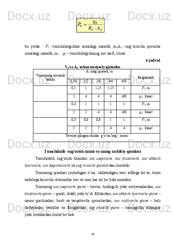bu   yerda       V
T   –tomchilatgichlar   orasidagi   masofa,   m; A
D   –sug‘oruvchi   quvurlar
orasidagi masofa, m;     q
T  – tomchilatgichning suv sarfi, l/soat. 
4-jadval. 
V
T  va A
D   uchun tavsiyaviy qiymatlar
Tuproqning mexanik
tarkibi A
D  ning qiymati, m
Belgilanish
0,5/1 1/2 2/4 4/6 6/8
0,5 1 1,25 1,25 1 V
T , m
2 4 4 4 4/8 q
T ,  l/soat
0,4 1 1 1 1 V
T , m
2 2 4 4 4/8 q
T ,  l/soat
0,3 0,6 0,8 1 1 V
T , m
2 2 2 4 4 q
T ,  l/soat
Tavsiya qilingan ekinlar: g‘o‘za, bog‘, uzum.
Tomchilatib  sug‘orish tizimi va uning tarkibiy qismlari
Tomchilatib   sug‘orish   tizimlari   suv   saqlovchi,   suv   tozalovchi,   suv   etkazib
byeruvchi, suv taqsimlovchi  va  sug‘oruvchi qismlar dan iboratdir. 
Tizimning   qismlari   joylashgan   o‘rni,   ishlatadigan   suvi   sifatiga   ko‘ra,   tizim
tarkibiga kiruvchi elementlar turi va soni har xil bo‘lishi mumkin. 
Tizimning   suv saqlovchi qismi   – hovuz, tindirgich yoki sistyernalardan,   suv
tozalovchi qismi  – qumli, diskli yoki to‘rli filtrlardan,  suv etkazib byeruvchi qismi  –
nasos   qurilmalari,   bosh   va   tarqatuvchi   quvurlardan,   suv   rostlovchi   qismi   –   turli
zadvijkalar,   ventillar   va   fitinglardan,   sug‘oruvchi   qismi   –   tomizgichli   shlanglar
yoki lentalardan iborat bo‘ladi. 
20 