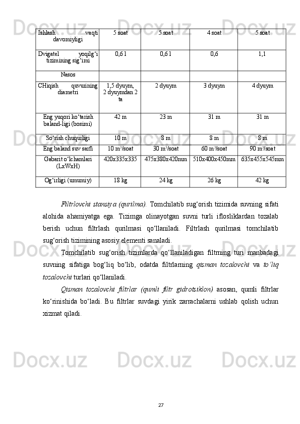 Ishlash  vaqti
davomiyligi 5 soat 5 soat 4 soat 5 soat
Dvigatel  yoqilg‘i
tizimining sig‘imi 0,6 l 0,6 l 0,6 1,1
Nasos
CHiqish  quvurining
diametri 1,5 dyuym,
2 dyuymdan 2
ta 2 dyuym 3 dyuym 4 dyuym
Eng yuqori ko‘tarish
baland-ligi (bosimi) 42 m 23 m 31 m 31 m
So‘rish chuqurligi 10 m 8 m 8 m 8 m
Eng baland suv sarfi 10 m 3
/soat 30 m 3
/soat 60 m 3
/soat 90 m 3
/soat
Gabarit o‘lchamlari
(LxWxH) 420x335x335 475x380x420mm 510x400x450mm 635x455x545mm
Og‘irligi (umumiy) 18 kg 24 kg 26 kg 42 kg
 
Filtrlovchi stansiya (qurilma).   Tomchilatib sug‘orish tizimida suvning sifati
alohida   ahamiyatga   ega.   Tizimga   olinayotgan   suvni   turli   iflosliklardan   tozalab
berish   uchun   filtrlash   qurilmasi   qo‘llaniladi.   Filtrlash   qurilmasi   tomchilatib
sug‘orish tizimining asosiy elementi sanaladi.  
Tomchilatib   sug‘orish   tizimlarda   qo‘llaniladigan   filtrning   turi   manbadagi
suvning   sifatiga   bog‘liq   bo‘lib,   odatda   filtrlarning   qisman   tozalovchi   va   to‘liq
tozalovchi  turlari qo‘llaniladi. 
Qisman   tozalovchi   filtrlar   (qumli   filtr   gidrotsiklon)   asosan,   qumli   filtrlar
ko‘rinishida   bo‘ladi.   Bu   filtrlar   suvdagi   yirik   zarrachalarni   ushlab   qolish   uchun
xizmat qiladi. 
27