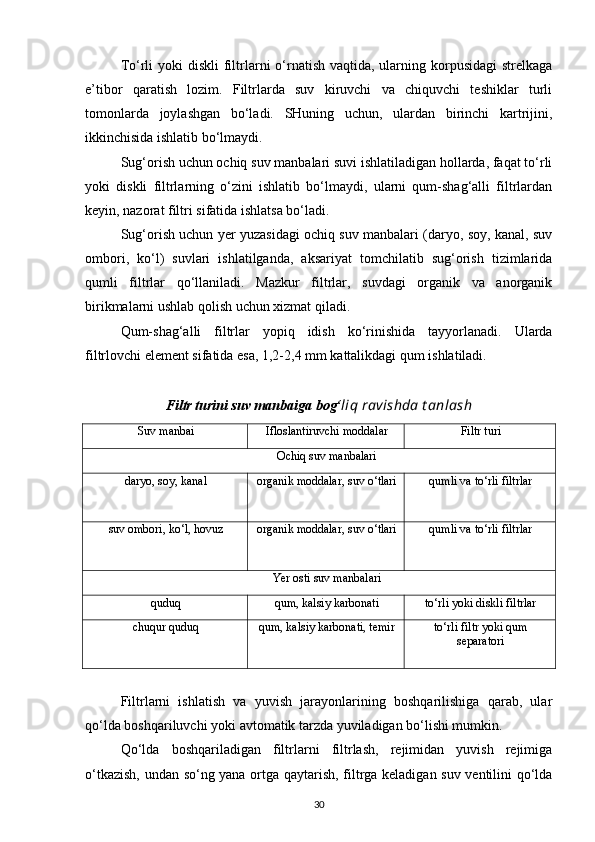 To‘rli  yoki  diskli  filtrlarni  o‘rnatish  vaqtida, ularning korpusidagi  strelkaga
e’tibor   qaratish   lozim.   Filtrlarda   suv   kiruvchi   va   chiquvchi   teshiklar   turli
tomonlarda   joylashgan   bo‘ladi.   SHuning   uchun,   ulardan   birinchi   kartrijini,
ikkinchisida ishlatib bo‘lmaydi. 
Sug‘orish uchun ochiq suv manbalari suvi ishlatiladigan hollarda, faqat to‘rli
yoki   diskli   filtrlarning   o‘zini   ishlatib   bo‘lmaydi,   ularni   qum-shag‘alli   filtrlardan
keyin, nazorat filtri sifatida ishlatsa bo‘ladi.  
Sug‘orish uchun yer yuzasidagi ochiq suv manbalari (daryo, soy, kanal, suv
ombori,   ko‘l)   suvlari   ishlatilganda,   aksariyat   tomchilatib   sug‘orish   tizimlarida
qumli   filtrlar   qo‘llaniladi.   Mazkur   filtrlar,   suvdagi   organik   va   anorganik
birikmalarni ushlab qolish uchun xizmat qiladi.  
Qum-shag‘alli   filtrlar   yopiq   idish   ko‘rinishida   tayyorlanadi.   Ularda
filtrlovchi element sifatida esa, 1,2-2,4 mm kattalikdagi qum ishlatiladi. 
 
Filtr turini suv manbaiga bog‘ liq ravishda t anlash
Suv manbai Ifloslantiruvchi moddalar Filtr turi
Ochiq suv manbalari
daryo, soy, kanal organik moddalar, suv o‘tlari qumli va to‘rli filtrlar
suv ombori, ko‘l, hovuz organik moddalar, suv o‘tlari qumli va to‘rli filtrlar
Yer osti suv manbalari
quduq qum, kalsiy karbonati to‘rli yoki diskli filtrlar
chuqur quduq qum, kalsiy karbonati, temir to‘rli filtr yoki qum
separatori
 
Filtrlarni   ishlatish   va   yuvish   jarayonlarining   boshqarilishiga   qarab,   ular
qo‘lda boshqariluvchi yoki avtomatik tarzda yuviladigan bo‘lishi mumkin. 
Qo‘lda   boshqariladigan   filtrlarni   filtrlash,   rejimidan   yuvish   rejimiga
o‘tkazish, undan so‘ng yana ortga qaytarish, filtrga keladigan suv ventilini qo‘lda
30