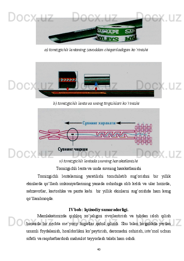 a) tomizgichli lentaning zavoddan chiqariladigan ko‘rinishi
 
b) tomizgichli lenta va uning tirqishlari ko‘rinishi
v) tomizgichli lentada suvning harakatlanishi
Tomizgichli lenta va unda suvning harakatlanishi
Tomizgichli   lentalarning   yaratilishi   tomchilatib   sug‘orishni   bir   yillik
ekinlarda   qo‘llash   imkoniyatlarining   yanada   oshishiga   olib   keldi   va   ular   hozirda,
sabzavotlar,   kartoshka   va   paxta   kabi     bir   yillik   ekinlarni   sug‘orishda   ham   keng
qo‘llanilmoqda.  
IV bob: Iqtisodiy samaradorligi.
Mamlakatimizda   qishloq   xo‘jaligini   rivojlantirish   va   tubdan   isloh   qilish
borasida   bir   nechta   me’yoriy   hujjatlar   qabul   qilindi.   Shu   bilan   birgalikda   yerdan
unumli foydalanish, hosildorlikni ko‘paytirish, daromadni oshirish, iste’mol uchun
sifatli va raqobatbardosh mahsulot tayyorlash talabi ham oshdi.
40