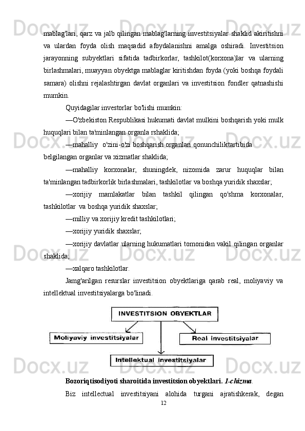 12mablag'lari, qarz va jalb qilingan mablag'larning investitsiyalar   shaklid   akiritishni
va   ulardan   foyda   olish   maqsadid   afoydalanishni   amalga   oshiradi.   Investitsion
jarayonning   subyektlari   sifatida   tadbirkorlar,   tashkilot(korxona)lar   va   ularning
birlashmalari, muayyan   obyektga   mablaglar   kiritishdan   foyda (yoki   boshqa   foydali
samara)   olishni   rejalashtirgan   davlat   organlari   va   investitsion   fondler   qatnashishi
mumkin.
Quyidagilar   investorlar   bo'lishi   mumkin:
—O'zbekiston   Respublikasi   hukumati   davlat   mulkini   boshqarish   yoki   mulk
huquqlari bilan   ta'minlangan   organla rshaklida;
—mahalliy   o'zini-o'zi boshqarish organlari qonunchilik tartibida
belgilangan   organlar   va   xizmatlar   shaklida;
—mahalliy   korxonalar,   shuningdek,   nizomida   zarur   huquqlar   bilan
ta'minlangan   tadbirkorlik   birlashmalari, tashkilotlar   va   boshqa   yuridik shaxslar;
—xorijiy   mamlakatlar   bilan   tashkil   qilingan   qo'shma   korxonalar,
tashkilotlar   va   boshqa   yuridik   shaxslar;
—milliy   va   xorijiy   kredit   tashkilotlari;
—xorijiy   yuridik   shaxslar;
—xorijiy   davlatlar   ularning   hukumatlari   tomonidan   vakil   qilingan   organlar
shaklida;
—xalqaro   tashkilotlar.
Jamg'arilgan   resurslar   investitsion   obyektlariga   qarab   real,   moliyaviy   va
intellektual   investitsiyalarga   bo'linadi.
Bozoriqtisodiyoti   sharoitida   investitsion   obyektlari.  1-chizma .
Biz   intellectual   investitsiyani   alohida   turgani   ajratishkerak,   degan