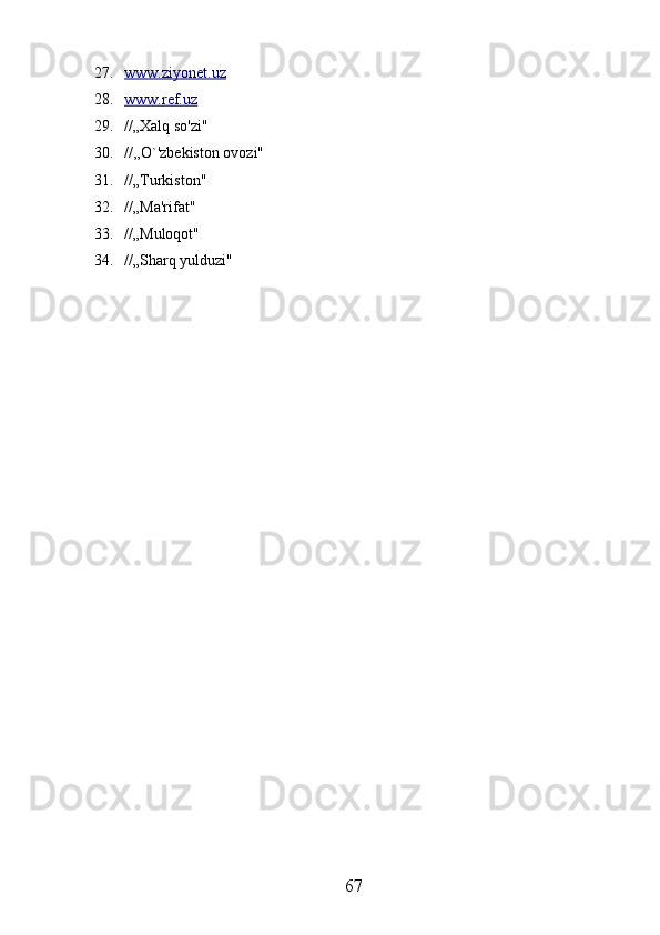 27. www.ziyonet.uz   
28. www.ref.uz   
29. //„Xalq so'zi" 
30. //,,O`'zbekiston ovozi"
31. //„Turkiston" 
32. //„Ma'rifat"
33. //„Muloqot"
34. //„Sharq yulduzi"
67 