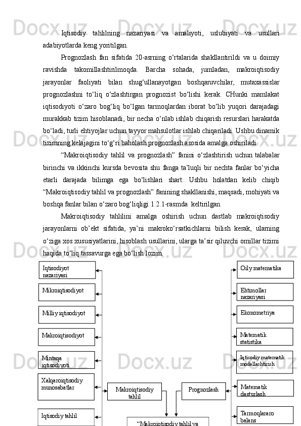 Iqtisodiy   tahlilning   nazariyasi   va   amaliyoti,   uslubiyati   va   usullari
adabiyotlarda keng yoritilgan. 
Prognozlash   fan   sifatida   20 - asrning   o‘rtalarida   shakllantirildi   va   u   doimiy
ravishda   takomillashtirilmoqda.   Barcha   sohada,   jumladan,   makroiqtisodiy
jarayonlar   faoliyati   bilan   shug‘ullanayotgan   boshqaruvchilar,   mutaxassislar
prognozlashni   to‘liq   o‘zlashtirgan   prognozist   bo‘lishi   kerak.   CHunki   mamlakat
iqtisodiyoti   o‘zaro   bog‘liq   bo‘lgan   tarmoqlardan   iborat   bo‘lib   yuqori   darajadagi
murakkab tizim hisoblanadi, bir necha o‘nlab ishlab chiqarish resurslari harakatda
bo‘ladi, turli ehtiyojlar uchun tayyor mahsulotlar ishlab chiqariladi. Ushbu dinamik
tizimning kelajagini to‘g‘ri baholash prognozlash asosida amalga oshiriladi. 
“Makroiqtisodiy   tahlil   va   prognozlash”   fanini   o‘zlashtirish   uchun   talabalar
birinchi   va   ikkinchi   kursda   bevosita   shu   fanga   ta’luqli   bir   nechta   fanlar   bo‘yicha
etarli   darajada   bilimga   ega   bo‘lishlari   shart.   Ushbu   holatdan   kelib   chiqib
“Makroiqtisodiy tahlil va prognozlash” fanining shakllanishi, maqsadi, mohiyati va
boshqa fanlar bilan o‘zaro bog‘liqligi 1.2.1-rasmda  keltirilgan.
Makroiqtisodiy   tahlilini   amalga   oshirish   uchun   dastlab   makroiqtisodiy
jarayonlarni   ob’ekt   sifatida,   ya’ni   makroko‘rsatkichlarni   bilish   kerak,   ularning
o‘ziga xos xususiyatlarini, hisoblash usullarini, ularga ta’sir qiluvchi omillar tizimi
haqida to‘liq tassavurga ega bo‘lish lozim. 
Iqtisodiyot 
nazariyasi
Mikroiqtisodiyot 
Milliy iqtisodiyot
Makroiqtisodiyot 
Mintaqa 
iqtisodiyoti
Xalqaroiqtisodiy 
munosabatlar
Iqtisodiy tahlil Oily matematika 
Ehtimollar 
nazariyasi
Ekonometriya   
Matematik 
statistika 
Iqtisodiy matematik 
modellashtirish
Matematik 
dasturlash
Tarmoqlararo 
balansMakroiqtisodiy 
tahlil Prognozlash
“ Makroiqtisodiy tahlil va 
prognozlash ” 