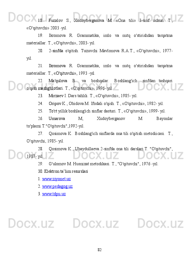 18. Fuzаlov   S.,   Xudoybergаnovа   M.   «Onа   tili»   3-sinf   uchun.   T.,
«O'qituvchi» 2003 -yil.
19. Ikromovа   R.   Grаmmаtikа,   imlo   vа   nutq   o'stirishdаn   tаrqаtmа
mаteriаllаr. T., «O'qituvchi», 2003- yil.
20. 2-sinfdа   o'qitish.   Tuzuvchi   Mаvlonovа   R.А.T.,   «O'qituvchi»,   1977-
yil.
21. Ikromovа   R.   Grаmmаtikа,   imlo   vа   nutq   o'stirishdаn   tаrqаtmа
mаteriаllаr. T.,  «O'qituvchi»,  1993 -yil.
22. Mа'qulovа       B.       vа       boshqаlаr.       Boshlаng'ich       sinfdаn     tаshqаri
o'qish  mаshg'ulotlаri.  T., «O'qituvchi», 1996- yil.
23. Mirzаev  I. Dаrs tаhlili. T., «O'qituvchi», 1985- yil.
24. Oripov  K., Obidovа M. Ifodаli o'qish.  T., «O'qituvchi», 1982- yil.
25. To'rt  yillik boshlаng'ich sinflаr dаsturi.  T., «O'qituvchi», 1999- yil.
26. Umаrovа   M,   Xudoybergаnov   M.   Bаyonlаr
to'plаmi.T."O'qituvchi",1992-yil.
27. Qosimovа K.   Boshlаng'ich sinflаrdа onа tili o'qitish metodiicаsi.   T.,
O'qituvchi, 1985- yil.
28. Qosimovа K., Ubаydullаevа.2-sinfdа onа tili dаrslаri.T. "O'qituvchi",
1987- yil.
29. G'ulomov M. Husnixаt metodikаsi. T., "O'qituvchi", 1976 -yil.
30. Elektron tа’lim resurslаri
1.  www.ziyonet.uz
2.  www.pedаgog.uz
3.  www.tdpu.uz
82 