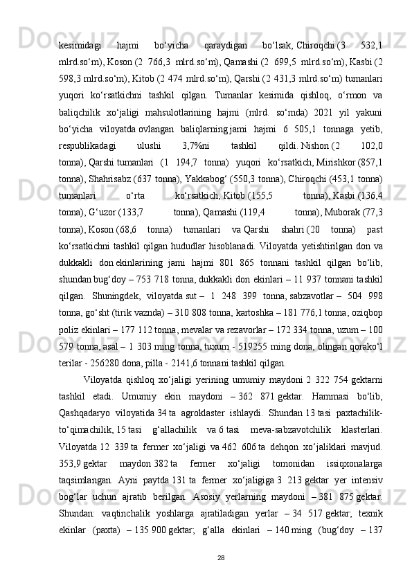 kesimidagi   hajmi   bo‘yicha   qaraydigan   bo‘lsak,   Chiroqchi   (3   532,1
mlrd.so‘m),   Koson   (2   766,3   mlrd.so‘m),   Qamashi   (2   699,5   mlrd.so‘m),   Kasbi   (2
598,3 mlrd.so‘m),   Kitob   (2 474 mlrd.so‘m),   Qarshi   (2 431,3 mlrd.so‘m)  tumanlari
yuqori   ko‘rsatkichni   tashkil   qilgan.   Tumanlar   kesimida   qishloq,   o‘rmon   va
baliqchilik   xo‘jaligi   mahsulotlarining   hajmi   (mlrd.   so‘mda)   2021   yil   yakuni
bo‘yicha   viloyatda   ovlangan   baliqlarning   jami   hajmi   6   505,1   tonnaga   yetib,
respublikadagi   ulushi   3,7%ni   tashkil   qildi.   Nishon   (2   102,0
tonna),   Qarshi   tumanlari   (1   194,7   tonna)   yuqori   ko‘rsatkich,   Mirishkor   (857,1
tonna),   Shahrisabz   (637   tonna),   Yakkabog‘   (550,3   tonna),   Chiroqchi   (453,1   tonna)
tumanlari   o‘rta   ko‘rsatkich,   Kitob   (155,5   tonna),   Kasbi   (136,4
tonna),   G‘uzor   (133,7   tonna),   Qamashi   (119,4   tonna),   Muborak   (77,3
tonna),   Koson   (68,6   tonna)   tumanlari   va   Qarshi   shahri   (20   tonna)   past
ko‘rsatkichni   tashkil   qilgan   hududlar   hisoblanadi.   Viloyatda   yetishtirilgan   don   va
dukkakli   don   ekinlarining   jami   hajmi   801   865   tonnani   tashkil   qilgan   bo‘lib,
shundan   bug‘doy   – 753 718 tonna,   dukkakli don ekinlari   – 11 937 tonnani tashkil
qilgan.   Shuningdek,   viloyatda   sut   –   1   248   399   tonna,   sabzavotlar   –   504   998
tonna,   go‘sht   (tirik vaznda) – 310 808 tonna,   kartoshka   – 181 776,1 tonna,   oziqbop
poliz ekinlari   – 177 112 tonna,   mevalar va rezavorlar   – 172 334 tonna,   uzum   – 100
579 tonna,   asal   – 1 303 ming tonna,   tuxum   - 519255 ming dona,   olingan qorako‘l
terilar   - 256280 dona,   pilla   - 2141,6 tonnani tashkil qilgan.
Viloyatda   qishloq   xo‘jaligi   yerining   umumiy   maydoni   2   322   754   gektarni
tashkil   etadi.   Umumiy   ekin   maydoni   –   362   871   gektar.   Hammasi   bo‘lib,
Qashqadaryo   viloyatida   34   ta   agroklaster   ishlaydi.   Shundan   13   tasi   paxtachilik-
to‘qimachilik,   15   tasi   g‘allachilik   va   6   tasi   meva-sabzavotchilik   klasterlari.
Viloyatda   12   339   ta   fermer   xo‘jaligi   va   462   606   ta   dehqon   xo‘jaliklari   mavjud.
353,9   gektar   maydon   382   ta   fermer   xo‘jaligi   tomonidan   issiqxonalarga
taqsimlangan.   Ayni   paytda   131   ta   fermer   xo‘jaligiga   3   213   gektar   yer   intensiv
bog‘lar   uchun   ajratib   berilgan.   Asosiy   yerlarning   maydoni   –   381   875   gektar.
Shundan:   vaqtinchalik   yoshlarga   ajratiladigan   yerlar   –   34   517   gektar;   texnik
ekinlar   (paxta)   –   135   900   gektar;   g‘alla   ekinlari   –   140   ming   (bug‘doy   –   137
28