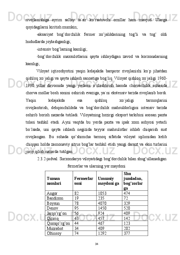 rivojlanishiga   ayrim   salbiy   ta`sir   ko`rsatuvchi   omillar   ham   mavjud.   Ularga
quyidagilarni kiritish mumkin;
-aksariyat   bog’dorchilik   fermer   xo’jaliklarining   tog’li   va   tog’   oldi
hududlarda joylashganligi;
-intensiv bog’larning kamligi;
-bog’dorchilik   maxsulotlarini   qayta   ishlaydigan   zavod   va   korxonalarning
kamligi;
Viloyat   iqtisodiyotini   yaqin   kelajakda   barqaror   rivojlanishi   ko`p   jihatdan
qishloq xo`jaligi va qayta ishlash sanoatiga bog`liq. Viloyat qishloq xo`jaligi 1960-
1990   yillar   davomida   yangi   yerlarni   o`zlashtirish   hamda   chorvachilik   sohasida
chorva mollar bosh sonini oshirish evaziga, ya`ni ekstensiv tarzda rivojlanib bordi.
Yaqin   kelajakda   esa   qishloq   xo`jaligi   tarmoqlarini
rivojlantirish,   dehqonchilikda   va   bog’dorchilik   mahsuldorligini   intensiv   tarzda
oshirib borish  nazarda tutiladi. Viloyatning hozirgi  eksport  tarkibini  asosan  paxta
tolasi   tashkil   etadi.   Ayni   vaqtda   bu   yerda   paxta   va   ipak   xom   ashyosi   yetarli
bo`lsada,   uni   qayta   ishlash   negizida   tayyor   mahsulotlar   ishlab   chiqarish   sust
rivojlangan.   Bu   sohada   qo’shimcha   tarmoq   sifatida   viloyat   iqilimidan   kelib
chiqqan holda zamonaviy sitrus bog’lar tashkil etish yangi daraxt va ekin turlarini
joriy qilish nazarda tutilgan.
2.3.2-jadval. Surxondaryo viloyatidagi bog’dorchilik bilan shug’ullanadigan
fermerlar va ularning yer maydoni
Tuman
nomlari  Fermerlar
soni Umumiy
maydoni ga Shu
jumladan,
bog’zorlar
ga
Angor  82  1053  474
Bandixon  19  235  72
Boysun  78  4070  329
Denov  95  1450  520
Jarqo’rg’on  56  924  409
Qiziriq  43  457  142
Qumqo’rg’on  44  467  123
Muzrabot  34  409  202
Oltinsoy  74  1292  377
34