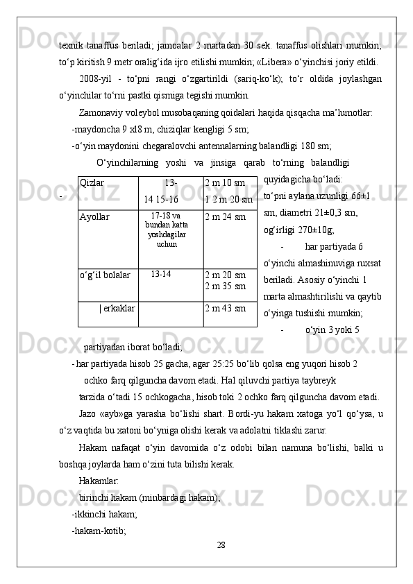 texnik   tanaffus   beriladi;   jamoalar   2   martadan   30   sek.   tanaffus   olishlari   mumkin;
to‘p kiritish 9 metr oralig‘ida ijro etilishi mumkin; «Libera» o‘yinchisi joriy etildi.
2008-yil   -   to‘pni   rangi   o‘zgartirildi   (sariq-ko‘k);   to‘r   oldida   joylashgan
o‘yinchilar to‘rni pastki qismiga tegishi mumkin.
Zamonaviy voleybol musobaqaning qoidalari haqida qisqacha ma’lumotlar:
- maydoncha 9 xl8 m, chiziqlar kengligi 5 sm;
- o‘yin maydonini chegaralovchi antennalarning balandligi 180 sm; 
O‘yinchilarning   yoshi   va   jinsiga   qarab   to‘rning   balandligi
quyidagicha bo‘ladi:
- to‘pni aylana uzunligi 66±1 
sm, diametri 21±0,3 sm, 
og‘irligi 270±10g;
- har partiyada 6 
o‘yinchi almashinuviga ruxsat 
beriladi. Asosiy o‘yinchi 1 
marta almashtirilishi va qaytib
o‘yinga tushishi mumkin;
- o‘yin 3 yoki 5 
partiyadan iborat bo‘ladi;
- har partiyada hisob 25 gacha, agar 25:25 bo‘lib qolsa eng yuqori hisob 2 
ochko farq qilguncha davom etadi. Hal qiluvchi partiya taybreyk
tarzida   o ‘ tadi  15  ochkogacha ,  hisob   toki  2  ochko   farq   qilguncha   davom   etadi .
Jazo   «ayb»ga   yarasha   bo‘lishi   shart.   Bordi-yu   hakam   xatoga   yo‘l   qo‘ysa,   u
o‘z vaqtida bu xatoni bo‘yniga olishi kerak va adolatni tiklashi zarur.
Hakam   nafaqat   o‘yin   davomida   o‘z   odobi   bilan   namuna   bo‘lishi,   balki   u
boshqa joylarda ham o‘zini tuta bilishi kerak.
Hakamlar:
birinchi hakam (minbardagi hakam);
- ikkinchi hakam;
- hakam-kotib;
28Qizlar 13-
14 15-16 2  m  10  sm    
1  2  m  20  sm
Ayollar 17-18 va
bundan katta
yoshdagilar
uchun 2  m  24  sm
o‘g‘il bolalar 13-14
2  m  20  sm 
2  m  35  sm
| erkaklar 2  m  43  sm 
