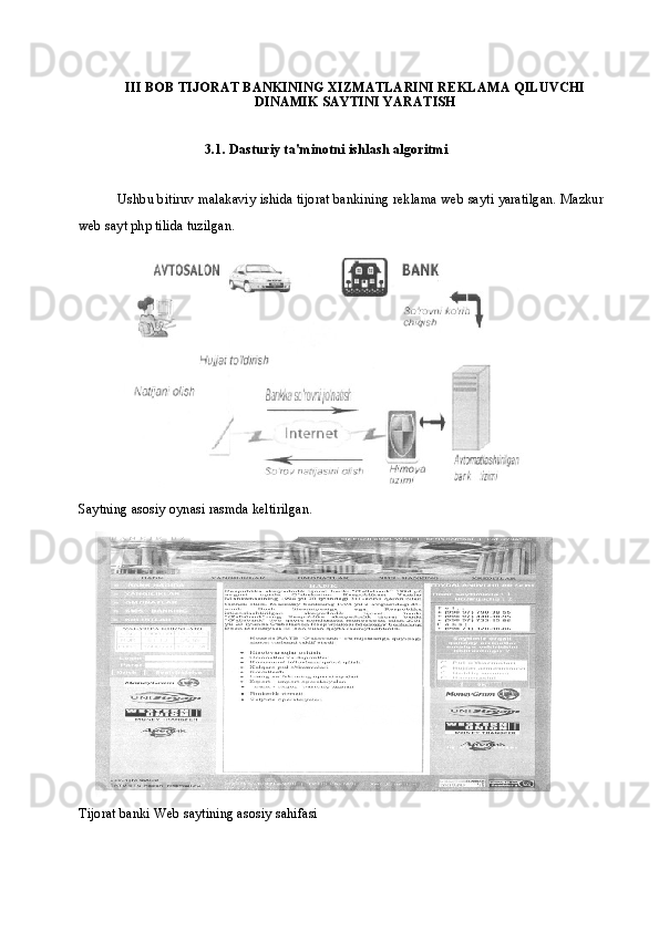 III BOB TIJORAT BANKINING XIZMATLARINI REKLAMA QILUVCHI
DINAMIK SAYTINI YARATISH
3.1. Dasturiy ta'minotni ishlash algoritmi
Ushbu bitiruv malakaviy ishida tijorat bankining reklama web sayti yaratilgan. Mazkur
web sayt php tilida tuzilgan. 
Saytning asosiy oynasi rasmda keltirilgan.
Tijorat banki Web saytining asosiy sahifasi 