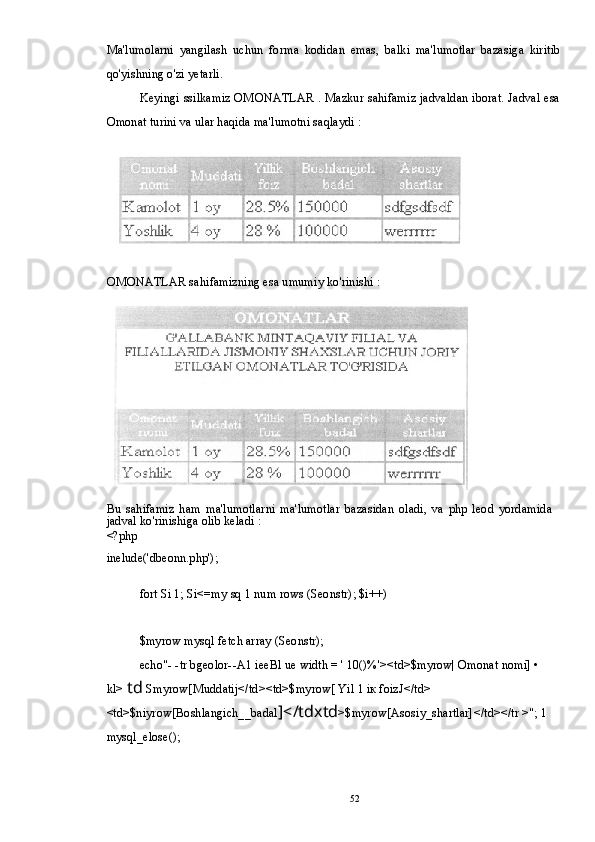 Ma'lumolarni   yangilash   uchun   forma   kodidan   emas,   balki   ma'lumotlar   bazasiga   kiritib
qo'yishning o'zi yetarli.
Keyingi ssilkamiz OMONATLAR . Mazkur sahifamiz jadvaldan iborat. Jadval esa
Omonat turini va ular haqida ma'lumotni saqlaydi :
OMONATLAR sahifamizning esa umumiy ko'rinishi :
Bu   sahifamiz   ham   ma'lumotlarni   ma'lumotlar   bazasidan   oladi,   va   php   leod   yordamida
jadval ko'rinishiga olib keladi :
<?php
inelude('dbeonn.php');
fort Si 1; Si<=my sq 1 num rows (Seonstr); $i++)
$myrow mysql fetch array (Seonstr);
echo"- -tr bgeolor--A1 ieeBl ue width = ' 10()%'><td>$myrow| Omonat nomi] • 
kl>  td  Smyrow[Muddatij</td><td>$myrow[ Yil 1 iк foizJ</td> 
<td>$niyrow[Boshlangich__badal ]</tdxtd >$myrow[Asosiy_shartlar]</td></tr >"; 1 
mysql_elose(); 
52 
