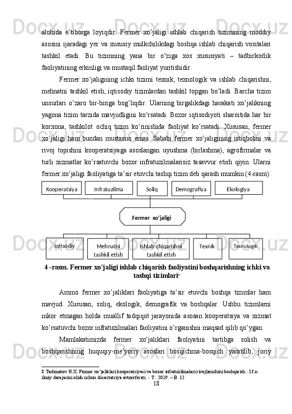 alohida   e’tiborga   loyiqdir.   Fermer   xo’jaligi   ishlab   chiqarish   tizimining   moddiy
asosini  ijaradagi   yer   va  xususiy  mulkchilikdagi  boshqa  ishlab  chiqarish  vositalari
tashkil   etadi.   Bu   tizimning   yana   bir   o’ziga   xos   xususiyati   –   tadbirkorlik
faoliyatining erkinligi va mustaqil faoliyat yuritishidir. 
Fermer   xo’jaligining   ichki   tizimi   texnik,   texnologik   va   ishlab   chiqarishni,
mehnatni   tashkil   etish,   iqtisodiy   tizimlardan   tashkil   topgan   bo’ladi.   Barcha   tizim
unsurlari   o’zaro   bir-biriga   bog’liqdir.   Ularning   birgalikdagi   harakati   xo’jalikning
yagona tizim tarzida mavjudligini ko’rsatadi. Bozor iqtisodiyoti  sharoitida har bir
korxona,   tashkilot   ochiq   tizim   ko’rinishida   faoliyat   ko’rsatadi.   Xususan,   fermer
xo’jaligi   ham   bundan   mustasno   emas.   Sababi   fermer   xo’jaligining   istiqbolini   va
rivoj   topishini   kooperatsiyaga   asoslangan   uyushma   (birlashma),   agrofirmalar   va
turli   xizmatlar   ko’rsatuvchi   bozor   infratuzilmalarisiz   tasavvur   etish   qiyin.   Ularni
fermer xo’jaligi faoliyatiga ta’sir etuvchi tashqi tizim deb qarash mumkin (4-rasm).
 4 -rasm. Fermer xo’jaligi ishlab chiqarish faoliyatini boshqarishning ichki va
tashqi tizimlari 8
 
 
Ammo   fermer   xo’jaliklari   faoliyatiga   ta’sir   etuvchi   boshqa   tizimlar   ham
mavjud.   Xususan,   soliq,   ekologik,   demografik   va   boshqalar.   Ushbu   tizimlarni
inkor   etmagan   holda   muallif   tadqiqot   jarayonida   asosan   kooperatsiya   va   xizmat
ko’rsatuvchi bozor infratuzilmalari faoliyatini o’rganishni maqsad qilib qo’ygan. 
Mamlakatimizda   fermer   xo’jaliklari   faoliyatini   tartibga   solish   va
boshqarishning   huquqiy-me’yoriy   asoslari   bosqichma-bosqich   yaratilib,   joriy
8  Tashmatov R.X. Fermer xo’jaliklari kooperatsiyasi va bozor infratuzilmalari rivojlanishini boshqarish.: I.f.n. 
ilmiy darajasini olish uchun dissertatsiya avtoreferati. - T.: 2019. – B. 12 
18  
   
 
 
 
 
       Infratuzilma   Soliq   Demografiya   Ekologiya  
Fermer   xo’jaligi  
Mehnatni  
tashkil   etish   Ishlab   chiqarishni  
tashkil   etish   Texnik   Texnologik  
Iqtisodiy  Kooperatsiya