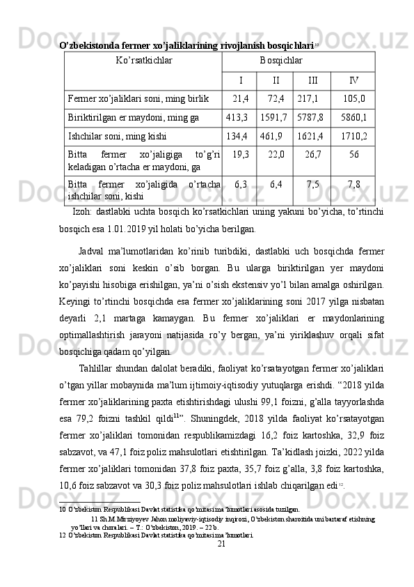 O’zbekistonda fermer xo’jaliklarining rivojlanish bosqichlari 10
 
Ko’rsatkichlar  Bosqichlar 
I  II  III  IV 
Fermer xo’jaliklari soni, ming birlik  21,4  72,4  217,1  105,0 
Biriktirilgan er maydoni, ming ga  413,3  1591,7  5787,8  5860,1 
Ishchilar soni, ming kishi  134,4  461,9  1621,4  1710,2 
Bitta   fermer   xo’jaligiga   to’g’ri
keladigan o’rtacha er maydoni, ga  19,3  22,0  26,7  56 
Bitta   fermer   xo’jaligida   o’rtacha
ishchilar soni, kishi  6,3  6,4  7,5  7,8 
  Izoh:  dastlabki  uchta bosqich  ko’rsatkichlari  uning yakuni  bo’yicha, to’rtinchi
bosqich esa 1.01.2019 yil holati bo’yicha berilgan. 
Jadval   ma’lumotlaridan   ko’rinib   turibdiki,   dastlabki   uch   bosqichda   fermer
xo’jaliklari   soni   keskin   o’sib   borgan.   Bu   ularga   biriktirilgan   yer   maydoni
ko’payishi hisobiga erishilgan, ya’ni o’sish ekstensiv yo’l bilan amalga oshirilgan.
Keyingi   to’rtinchi   bosqichda   esa   fermer   xo’jaliklarining  soni   2017   yilga  nisbatan
deyarli   2,1   martaga   kamaygan.   Bu   fermer   xo’jaliklari   er   maydonlarining
optimallashtirish   jarayoni   natijasida   ro’y   bergan,   ya’ni   yiriklashuv   orqali   sifat
bosqichiga qadam qo’yilgan. 
Tahlillar shundan dalolat beradiki, faoliyat ko’rsatayotgan fermer xo’jaliklari
o’tgan yillar mobaynida ma’lum ijtimoiy-iqtisodiy yutuqlarga erishdi. “2018 yilda
fermer xo’jaliklarining paxta etishtirishdagi ulushi 99,1 foizni, g’alla tayyorlashda
esa   79,2   foizni   tashkil   qildi 11
”.   Shuningdek,   2018   yilda   faoliyat   ko’rsatayotgan
fermer   xo’jaliklari   tomonidan   respublikamizdagi   16,2   foiz   kartoshka,   32,9   foiz
sabzavot, va 47,1 foiz poliz mahsulotlari etishtirilgan. Ta’kidlash joizki, 2022 yilda
fermer xo’jaliklari tomonidan 37,8 foiz paxta, 35,7 foiz g’alla, 3,8 foiz kartoshka,
10,6 foiz sabzavot va 30,3 foiz poliz mahsulotlari ishlab chiqarilgan edi 12
. 
10  O’zbekiston Respublikasi Davlat statistika qo’mitasi ma’lumotlari asosida tuzilgan.  
11  Sh.M.Mirziyoyev Jahon moliyaviy-iqtisodiy inqirozi, O’zbekiston sharoitida uni bartaraf etishning 
yo’llari va choralari. – T.: O’zbekiston, 2019. – 22 b. 
12  O’zbekiston Respublikasi Davlat statistika qo’mitasi ma’lumotlari. 
21  
  