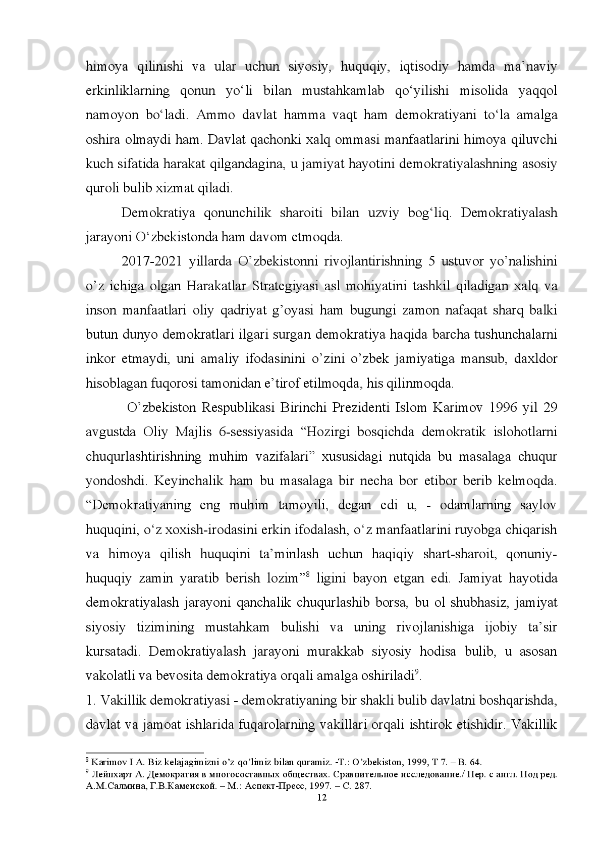 Xalqaro   huquqning   umume’tirof   etilgan   qoidalarining   ustuvorligini   tan
olgan   hamda   unga   og‘ishmay   amal   qilayotgan   demokratik   davlatlardagi   tarixiy
jarayonlarni   o‘rganish   orqali,   birinchidan,   milliy   huquqni   yanada   rivojlantirish
imkoniga   ega   bo‘lsak,   ikkinchidan   ushbu   davlatlarning   mavjud   ijtimoiy
(konstitutsiyaviy) tuzumi haqidagi tasavvurlarimiz xalqaro va millatlararo do‘stlik
rishtalarining mustahkamlanishiga asos soladi.
Bugungi   kunda   mamlakatimizda   amalga   oshirilayotgan   ijtimoiy,   siyosiy,
iqtisodiy,   madaniy   va   boshqa   sohalardagi   chuqur   islahotlar   demokratik
jarayonlarning   umume’tirof   etilgan   g’oyalari   va   tamoyillariga   to’la   mos   keladi.
Xususan,   O’zbekiston   Respublikasi   Konstitutsiyasining   13-moddasida
“O’zbekiston   Respublikasida   demokratiya   umuminsoniy   prinsiplarga   asoslanadi,
ularga ko’ra inson, uning hayoti, erkinligi, sha’ni, qadr-qimmati va boshqa daxlsiz
huquqlari   oliy   qadriyat   hisoblanadi” 1
.   Shu   jihatdan   aytish   mumkinki,
demokratiyaning   bunday   prinsiplar i   amaliyotda   birdaniga   joriy   etiladigan,   bir
urinishda hal bo’ladigan jarayon emas.
  Davlat   va   jamiyat   hayotini   erkinlashtirish,   inson   va   fuqarolar   huquq   va
erkinliklarining   kafolatlari   mexanizmini   yaratish   borasida   jahondagi   yetakchi
davlatlardan   andoza   olishimiz   bilan   birga   ming   yillardan   beri   shakllangan   milliy
urf-odat   va   an’analar,   ajdodlarimizning   boy   merosini   o‘zlashtirgan   holda
jamiyatimizda   keng   demokratik   Islohotlarni   amalga   oshirishga   imkoniga   ega
bo‘lamiz.
Prezidentimiz   Shavkat   Mirziyoyev   Samarqand   shahrida   o’tgan   xalqaro
konferensiyada shunday degan edilar: “Bizning mintaqamiz xalqlarini ming yillik
qardoshlik   va   yaxshi   qo‘shnichilik   rishtalari   bog‘lab   turadi.   Bizni   tarix,   din,
umumiy madaniyat va an’analar birlashtiradi” 2
.  
Shunday   ekan,   bugungi   kundagi   davom   etayotgan   ijobiy   jaroyonlar-
Islohotlar   xorijiy   ayniqsa,   sharq   davlatlarining   tarixiy   i slohotlarini   har   tamondan
1
 O’zbekiston Respublikasi Konstitutsiyasi. – T.: O’zbekiston NMIU, 2014. – B. 6-7.
2
O’zbekiston   Respublikasi   Prezidenti   Shavkat   Mirziyoyevning   Samarqand   shahrida   o’tgan   “Markaziy   Osiyo:
yagona   tarix   va   umumiy   kelajak,   barqaror   rivojlanish   va   taraqqiyot   yo’lidagi   hamkorlik”   mavzusidagi   xalqaro
konderensiyasidagi so’zlagan nutqi.
4