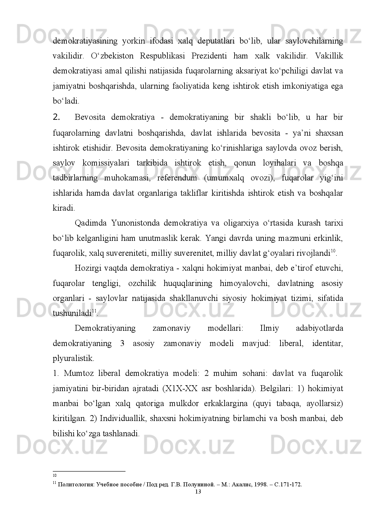 o’rganishimiz   va   tahlil   qilib,   kerakli   xulosalar   qilish   bugungi   kun   uchun   dolzarb
hisoblanadi.
Jamiyatimizda islohotlarni samarali tashkil etib, nihoyasiga yetkazish, uchun
ularning muntazam kuzatib borish va o‘rganish zarur. O‘zbekistonda kechayotgan
o‘zgarishlarni baholashning eng samarali usullaridan biri – bu hozirgi jarayonlarni
jahon tajribalariga taqqoslash, ularni jahonning taraqqiy etgan mamlakatlarda yuz
bergan   demokratik   rivojlanishlar   va   islahotlarda   o‘rganishdir.   S.Xantington
ta’kidlaganidek,   “yangi   demokratik   jamiyatlar   bir-birining   hamda   ancha   avval
paydo bo‘lgan demokratik jamiyatlar tajribasidan foydalanishlari lozim”   1
. 
Mustaqillik   tufayli   O‘zbekistonda   vatan   va   chet   el   tarixining   turli
masalalarini tadqiq etish imkoniyati paydo bo‘lganidan foydalanib, respublikamiz
tarixchilari,   siyosatshunoslari   O‘zbekiston   bilan   bevosita   hamkorlik   va   do‘stona
munosabatlarda   bo‘lgan   davlatlarning   tarixini   va   siyosiy   tizimini   o‘rganishni,
demokratik rivojlanish tajribasini o‘rganishga kirishgani ma’lum.
Mavzuning   dolzarbligini   belgilovchi   yana   bir   omil   –   bu   mustaqil
O‘zbekiston   tarixshunosligida   arab   davlatlarida   islahotlarining   o’sha   mamlakat
taraqqiyotiga   qay   darajada   ta’sir   qilganligi   va   rivojlanish   bosqichlarini   Misr
misolida qiyosiy tahlil etishdan iborat.
BMIning   maqsadi   va   vazifalari.   BMI ning   maqsadi   XX   asr   o’rtalarida
monarxiya   qulab,   yangi   islohotlar   bosqichiga   o’tgan   Misr   Arab   Respublikasidagi
jaroyonlarni qiyosiy va tarixiy tahlili tashkil qiladi.  
Ilgari surilgan maqsadga erishish uchun quyidagi vazifalar qo‘yilmoqda:
- Demokratik siyosiy tizimlar ning  zamonaviy mohiyatini ochib berish;
- Misr   d avlat   boshqaruvi   tarixi da   demokratik   institutlarning   o’tqazilgan
islahotlarda o’rni va ahamiyatini  yoritib berish;
- Misrdagi   XX   asr   o’rtalaridan   bugungi   kungacha   tarixiy-siyosiy   jarayonlar,
tarixiy qadamlarga asos bo’lgan qarorlar va ularning mohiyatini aniqlash;
- Misr davlat boshqaruv tizimining shakllanishining amaliy masalalarini  ochib
berish,  o‘rganishdan iborat ;
1
3
  Демократия   и   авторитаризм   в   третьем   мире   в   конце   ХХ   века.   (Концепция   С.Хантингтона   и   отклики   на
нее). - М.: Изд-во РАН. 1995. - С. 12.
5 