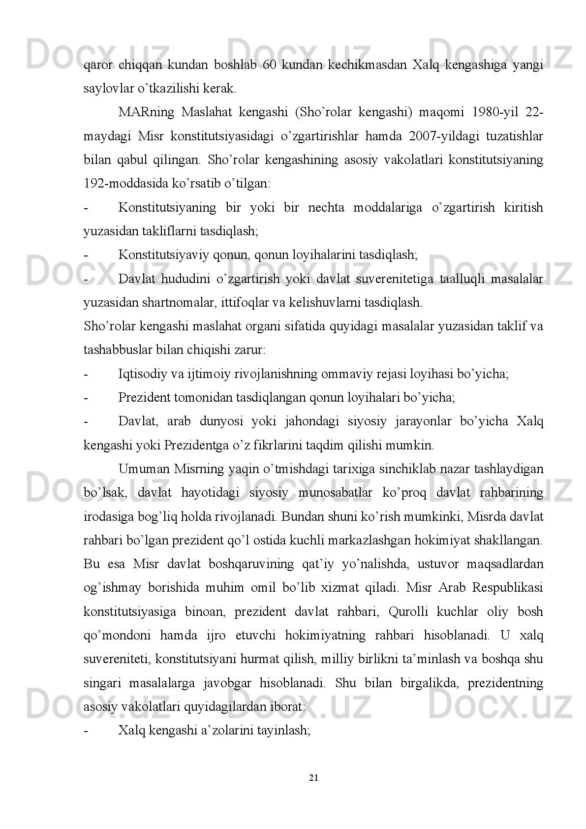 demokratiyasining   yorkin   ifodasi   xalq   deputatlari   bo‘lib,   ular   saylovchilarning
vakilidir.   O‘zbekiston   Respublikasi   Prezidenti   ham   xalk   vakilidir.   Vakillik
demokratiyasi  amal qilishi natijasida fuqarolarning aksariyat ko‘pchiligi davlat va
jamiyatni   boshqarishda,   ularning   faoliyatida   keng   ishtirok   etish   imkoniyatiga   ega
bo‘ladi.
2.  Bevosita   demokratiya   -   demokratiyaning   bir   shakli   bo‘lib,   u   har   bir
fuqarolarning   davlatni   boshqarishda,   davlat   ishlarida   bevosita   -   ya’ni   shaxsan
ishtirok etishidir. Bevosita  demokratiyaning ko‘rinishlariga  saylovda ovoz  berish,
saylov   komissiyalari   tarkibida   ishtirok   etish,   qonun   loyihalari   va   boshqa
tadbirlarning   muhokamasi,   referendum   (umumxalq   ovozi),   fuqarolar   yig‘ini
ishlarida   hamda   davlat   organlariga   takliflar   kiritishda   ishtirok   etish   va   boshqalar
kiradi.
Qadimda   Yunonistonda   demokratiya   va   oligarxiya   o‘rtasida   kurash   tarixi
bo‘lib kelganligini ham unutmaslik kerak. Yangi davrda uning mazmuni  erkinlik,
fuqarolik, xalq suvereniteti, milliy suverenitet, milliy davlat g‘oyalari rivojlandi 10
.
Hozirgi vaqtda demokratiya - xalqni hokimiyat manbai, deb e’tirof etuvchi,
fuqarolar   tengligi,   ozchilik   huquqlarining   himoyalovchi,   davlatning   asosiy
organlari   -   saylovlar   natijasida   shakllanuvchi   siyosiy   hokimiyat   tizimi,   sifatida
tushuniladi 11
.
Demokratiyaning   zamonaviy   modellari:   Ilmiy   adabiyotlarda
demokratiyaning   3   asosiy   zamonaviy   modeli   mavjud:   liberal,   identitar,
plyuralistik.
1.   Mumtoz   liberal   demokratiya   modeli:   2   muhim   sohani:   davlat   va   fuqarolik
jamiyatini   bir-biridan   ajratadi   (X1X-XX   asr   boshlarida).   Belgilari:   1)   hokimiyat
manbai   bo‘lgan   xalq   qatoriga   mulkdor   erkaklargina   (quyi   tabaqa,   ayollarsiz)
kiritilgan. 2) Individuallik, shaxsni  hokimiyatning birlamchi  va bosh manbai, deb
bilishi ko‘zga tashlanadi. 
10
11
 Политология: Учебное пособие / Под ред. Г.В. Полуниной. – М.: Акалис, 1998. – С.171-172.
13