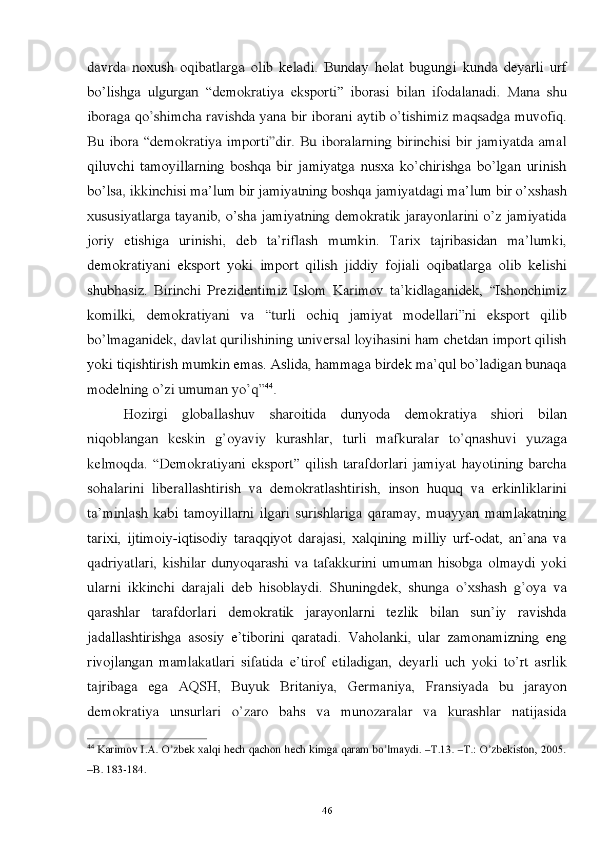 munosabatlarini   o’rnatib,   integratsion   tashkilotlarga   a’zo   bo’ldi.   Suvaysh   ustidan
Misrning   to’laqonli   mustaqilligi   uning   xalqaro   maydondagi   strategik   ahamiyatini
oshirib yuboradi. Bu kanal orqali dunyo bo’yicha 10% tashuvlar amalga oshiriladi.
Suvaysh kanalidan Misrga 2002-yil 1.9 mlrd dollar daromad kelgan bo’lsa, 2004-
yil bu ko’rsatgich 3 mlrdga yetdi. 
Misr iqtisodiyoti uchun qimmatga tushayotgan yana bir holat bu Arab-Isroil
mojarosining   davom   etayotganidir.   Chunki   bu   juda   katta   harbiy   xarajatni   talab
qiladi. XX asr oxirida Misr o’zining ko’p sonli aholisi bilan mintaqada yetakchilik
uchun   davogarlardan   biri   bo’ldi.   Misr   tashqi   siyosati   ko’p   qirraliligi   va   faolligi
bilan, zamonaviy xalqaro munosabatlarning dolzarb masalalarini qamrab olganligi
bilan munosib o’rin egallaydi. Ko’p sonli armiya nafaqat  o’z suverenitetini  balki,
mintaqa xavfsizligining garovi hamdir. Misr o’z qo’shnilari bilan iliq va do’stona
munosabatlar   o’rnatib,   mintaqaning   ommaviy   qirg’in   qurollaridan   holi   bo’lishiga
harakat qiladi 40
.
Misrda   prezidentlik   institutining   istiqboli   haqida   gapirar   ekanmiz,   davlatda
hukumatni   shakllantiruvchi   asosiy   kuch   -   siyosiy   partiyalarga   alohida   to’xtalib
o’tishimiz   lozim.   Misrda   siyosiy   partiyalarni   shartli   ravishda   ikki   turga   ajratish
mumkin:  birinchisi  bu  xalq  ichidan   chiqqan  va  xalqning  haqiqiy  xohish  irodasini
o’zida   aks   ettirgan   partiyalardir.   Bu   partiyalar   o’z   faoliyatida   biroz   keskinlikni
ifoda etib, ko’proq diniy xarakterga ega bo’lib, aksariyat hollarda faoliyati taqiqlab
qo’yiladi   (Musulmon   Birodarlar).   Ikkinchisi   esa   hokimiyatda   hukmron   g’oya,
qarashlar ta’sirida, ya’ni ayni paytdagi siyosiy ehtiyojdan kelib chiqib shakllanadi.
Aniqroq   qilib   aytadigan   bo’lsak   hukmron   doiralar   tomonidan   shakllantiriladi.
Misol   sifatida   prezident   Abdul   Nosir   hokimiyatga   kelishi   bilan   davlat   siyosati
sotsialistik   yo’l   tomon   o’zgarishi   munosabati   bilan   Misr   Sotsialistik   Partiyasi
yetakchilikni   qo’lga   oladi.   Anvar   Sadat   hokimiyatga   kelishi   bilan   davlat   siyosati
kapitalistik   yo’nalish   tomon   yuz   buradi.   Endi   Milliy   Demokratk   Partiya
yetakchilikni   qo’lga   oladi.   Umuman   Misrning   yaqin   o’tmishdagi   tarixiga
sinchiklab   nazar   tashlaydigan   bo’lsak,   davlat   hayotidagi   siyosiy   munosabatlar
40
  Мунавваров   З.И   Страны   Аравийского   полуострова   в   международных   политических   и   экономических
отношениях 20 века: автореф. дисс. ... док. полит. наук. – Т., 1997.   – C . 34.
41 