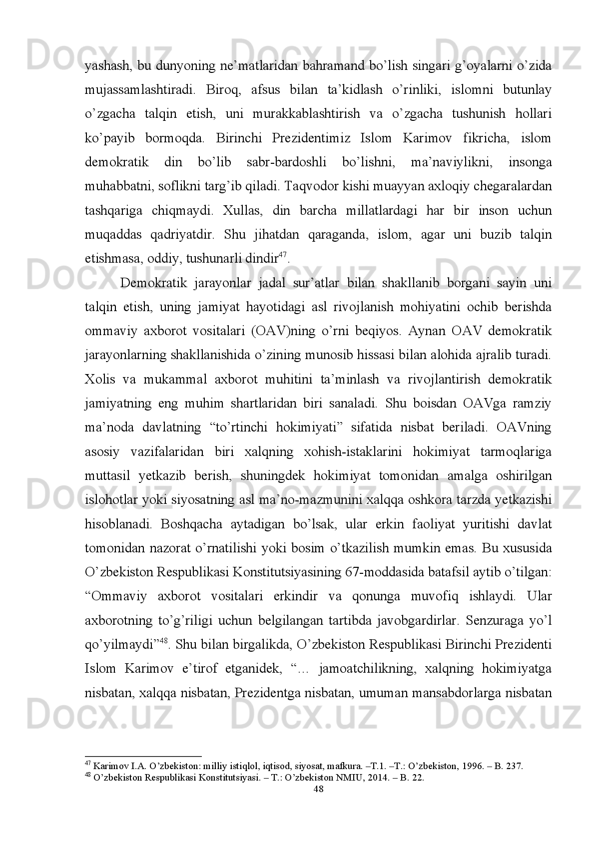 Demokratik Partiya qo’lida. Rahbari Xusniy Muborak bo’lgan Milliy Demokratik
Partiya parlamentda ko’pchilik o’ringa ega. 2005-yil bo’lib o’tgan saylovlar  Misr
ijtimoiy-siyosiy hayotidagi ba’zi bir muhim holatlarni yaqqol aks ettirib ketdi. Biri
“Musulmon Birodarlarning” g’alabasi bo’lsa, ikkkinchisi oliy tabaqa partiyalarning
mag’lubiyati va yana biri boshqaruvdagi Milliy Demokratik Partiya ichidagi o’zaro
kurashdir.   “Musulmon   Birodarlar”   asotsatsiyasi   1954-yil   rasman   taqiqlangan
bo’lsada,   o’z   vakillarini   parlament   saylovlarida   mustaqil   nomzod   sifatida
ko’rsatadi.   Natijada   Musulmon   Birodarlar   Milliy   Assambleyaning   88   ta   o’rnini
egallashdi.   Hokimiyat   vakillari   keng   va   ochiq-oydin   qarshilik   ko’rsatsalarda
Musulmon   Birodarlarning   yaqqol   ustunligini   aytib   o’tish   muhim.   Musulmon
Birodarlar   tarafdorlari   va   milliy   politsiyaning   saylov   kunlaridagi   to’qnashuvida
tarafdorlarning   ko’pchiligi   qamaldi   ko’pi   esa   halok   bo’ldi.   ”Nosiriylar”(Jamol
Abdul Nosir va uning siyosati tarafdorlari) esa hech qanday o’rin egallay olmadi.
Shu bilan birga boshqaruvdagi MDP ko’pchilik o’rin bilan raqiblaridan o’zib ketdi
va 336 ta, ya’ni umumiy tarkibning 73% ni egallash nasib etdi. Shundan 10 nafari
konstitutsiyaga   muvofiq   prezident   tomonidan   tayinlandi.   Ammo   bulardan   faqat
147 tasi J.Muborak boshchilik yangi boshqaruvdagi MDP tomonidan ma’qullandi.
Qolgan   179   deputat   MDP   vakili   bo’lib   parlamentda   mustaqil   deputat   sifatida
harakatlanishi   lozim   bo’ldi.   Bu   hol   partiyaning   yangi   yosh   vakillari   va
parlamentning   tanlangan   spikeri   hisoblangan   Fathi   Surur   boshchilligidagi   eski
vakillari   o’rtasida   ichki   kurash   mavjudligini   anglatadi.   Misrdagi   ijtimoiy-siyosiy
jarayonlarni   tadqiq   qilar   ekanmiz,   bu   safargi   parlament   partiya   saylovlari
murakkab   ichki   siyosiy   sharoitda   o’tganligini   aytib   o’tish   lozim.   Mamlakat
ijtimoiy-iqtisodiy   inqirozni   boshdan   kechirmoqda. 42
  Bunga   iqtisodiy   o’sishning
pasayishi(2004-yil 3%ni tashkil qilgan), demografik o’sishning kuzatilishi(2.1%ni
tashkil   qiladi),   chet   el   investitsiyasining   qisqarishi,   2001-yil   AQShdagi,
2005,2006-yillarda   Misrdagi   terroristik   xurujlar   oqibatida   sayyohlar   sonining
qisqarishi. Inflatsiya oqibatida narxlar 40%gacha ko’tarilgan, ishsizlik oshgan. Ish
bilan band aholi atigi 11%ni tashkil qiladi. Misr  jami aholisi 73.4mln bo’lgan bir
42
  A л-Бухари М., Гафуров С. Арабская Республика Египет. Учебное пособие. (под ред акад. Н.Ибрагимова).
– Т.: ТашГИВ, 2002. –  С.3 8.
43