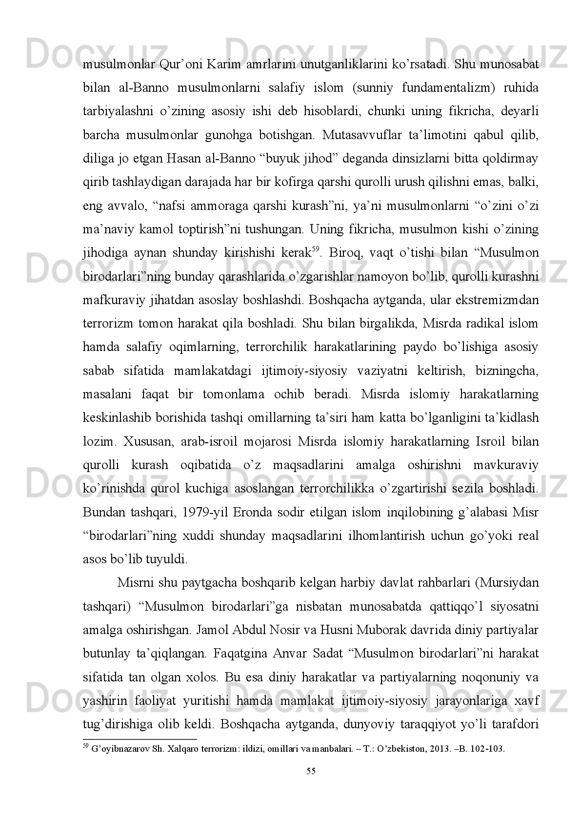 Maxsus   qonunchlik   kengashi   va   Umumiy   qonunchilik   kengashiga   ajratiladi.   Shu
bilan birga 7 vazirlik portfeliga ega Vazirlar kengashi tashkil etiladi 53
. 
Britaniya tomonidan   XIX   asr o‘rtalarida Misrning bosib olinishi 1883 - yilda
yangi   Asosiy   Q onunning   qabul   qilinishiga   sabab   bo‘ldi.   Mazkur   Qonun   Misr
parlamentini   ikki   palatali   shakllantirilishini   belgilab   berdi:   Qonunchilik   bo‘yicha
Maslahat kengashi va Bosh Assambleya. 
Qonunchilik   bo‘yicha   Maslahat   kengashi   30   a’zodan   iborat   bo‘lib,   6   yillik
muddatga   saylanadi.   Deputatlardan   14   tasi,   jumladan,   Spiker   va   uning   ikki
o‘rinbosari tayinlanadi va 16 nafari saylanadi. Bosh Assambleya 83 a’zodan iborat
bo‘lib, 46 nafari saylanadi va qolganlari hukumatning sobiq amaldorlaridan tashkil
topishi belgilab berildi. 
1923-yil   Misr   rasmiy   ravishda   o‘z   mustaqilligini   e’lon   qilib,   milliy
konstitutsiyasini   qabul   qildi.   Siyosiy   voqelikda   bu   davrda   mamlakatda
Angliyaning   nazorati   o‘rnatilgan   edi.   1923-yilda   mamlakatda   Konstitutsiya   qabul
qilinib,   unda   qirollik   boshqaruvi   ko‘ppartiyaviylik   va   liberal   demokratik
tamoyillarga asoslanishi bayon etilgan. Ilk partiyalar yashirin jamiyatlardan iborat
bo‘lib,   keyinchalik   siyosiy   partiya   sifatida   o‘zlarini   namayon   eta   boshladilar.
Konstitutsiya   ko‘ra ,   Misr   parlamenti   ikki   palatali:   Senat   va   Vakillar   palatasi
sifatida tashkil etildi. Vakillar (qonunchilik palatasi)dagi barcha deputatlar besh yil
muddatga   saylanishi   va   Senat   a’zolarining   3/5   qismi   saylanishi   qolganlari
tayinlanishi belgilab berildi. 
Vakillar   palatasiga   1952 - yilgi   davlat   to‘ntarishiga   qadar   4   marotaba
saylovlar   bo‘lib   o‘tgan   va   unda   deputatlar   soni   oshirilib   borilgan.   Tashqi
kuchlarning   mamlakat   ichkarisiga   keskin   aralashuvi,   qirol   atrofidagi   konservativ
kuchlar   mavjudligi   buning   asosiy   sababi   edi.   1923-19520-yillarda   40   marotaba
h ukumatning o‘zgartirilishi buning isboti sanaladi 54
.
1951 - yil Mirs parlamenti 1936 - yil Buyuk Britaniya bilan imzolangan ingliz-
misr   shartnomasidan   bir   tomonlama   chiqdi.   1952-yil   “Ozod   ofitserlar”   harbiy
53
  O’sha manba.
54
 Sawi   A.   Parliamentary Reform .   –  Cairo :  Cairo University  Press, 2003. –P.47-48.
51