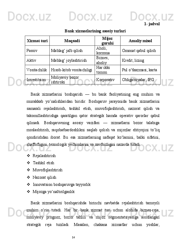 14 1- jadval
Bank xizmatlarining asosiy turlari
Xizmat turi Maqsadi Mijoz
guruhi Amaliy misol
Passiv Mablag‘ jalb qilish Aholi, 
korxona Omonat qabul qilish
Aktiv Mablag‘ joylashtirish Biznes, 
aholiy Kredit, lizing
Vositachilik Hisob-kitob vositachiligi Har ikki 
tomon Pul o‘tkazmasi, karta
Investitsion Moliyaviy bozor 
ishtiroki Korporativ Obligatsiyalar, IPO
Bank   xizmatlarini   boshqarish   —   bu   bank   faoliyatining   eng   muhim   va
murakkab   yo‘nalishlaridan   biridir.   Boshqaruv   jarayonida   bank   xizmatlarini
samarali   rejalashtirish,   tashkil   etish,   muvofiqlashtirish,   nazorat   qilish   va
takomillashtirishga   qaratilgan   qator   strategik   hamda   operativ   qarorlar   qabul
qilinadi.   Boshqaruvning   asosiy   vazifasi   —   xizmatlarni   bozor   talabiga
moslashtirish,   raqobatbardoshlikni   saqlab   qolish   va   mijozlar   ehtiyojini   to‘liq
qondirishdan   iborat.   Bu   esa   xizmatlarning   nafaqat   ko‘lamini,   balki   sifatini,
shaffofligini, texnologik yechimlarini va xavfsizligini nazarda tutadi.
 Rejalashtirish
 Tashkil etish
 Muvofiqlashtirish
 Nazorat qilish
 Innovatsion boshqaruvga tayyorlik
 Mijozga yo‘naltirilganlik
Bank   xizmatlarini   boshqarishda   birinchi   navbatda   rejalashtirish   tamoyili
muhim   o‘rin   tutadi.   Har   bir   bank   xizmat   turi   uchun   alohida   biznes-reja,
moliyaviy   prognoz,   bozor   tahlili   va   mijoz   segmentatsiyasiga   asoslangan
strategik   reja   tuziladi.   Masalan,   chakana   xizmatlar   uchun   yoshlar, 
