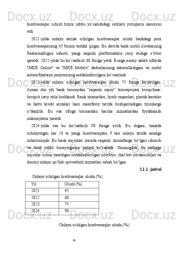 46hisobvaraqlar   ochish   tizimi   ushbu   yo‘nalishdagi   sezilarli   yutuqlarni   namoyon
etdi.
2021-yilda   onlayn   tarzda   ochilgan   hisobvaraqlar   ulushi   bankdagi   jami
hisobvaraqlarning 45 foizini tashkil qilgan. Bu davrda bank mobil ilovalarning
funksionalligini   oshirib,   yangi   raqamli   platformalarni   joriy   etishga   e’tibor
qaratdi. 2022-yilda bu ko‘rsatkich 60 foizga yetdi. Bunga asosiy sabab sifatida
"MKB   Online"   va   "MKB   Mobile"   dasturlarining   takomillashgani   va   mobil
autentifikatsiya jarayonining soddalashtirilgani ko‘rsatiladi.
2023-yilda   onlayn   ochilgan   hisobvaraqlar   ulushi   75   foizga   ko‘tarilgan.
Aynan   shu   yili   bank   tomonidan   “raqamli   mijoz”   konsepsiyasi   bosqichma-
bosqich joriy etila boshlandi. Bank omonatlari, hisob raqamlari, plastik kartalar
va   hatto   kredit   arizalari   ham   masofaviy   tarzda   boshqariladigan   tizimlarga
o‘tkazildi.   Bu   esa   ofisga   bormasdan   barcha   xizmatlardan   foydalanish
imkoniyatini yaratdi.
2024-yilda   esa   bu   ko‘rsatkich   90   foizga   yetdi.   Bu   degani,   bankda
ochilayotgan   har   10   ta   yangi   hisobvaraqdan   9   tasi   onlayn   tarzda   amalga
oshirilmoqda.   Bu   bank   mijozlari   orasida   raqamli   xizmatlarga   bo‘lgan   ishonch
va   talab   oshib   borayotganini   yaqqol   ko‘rsatadi.   Shuningdek,   bu   natijaga
mijozlar uchun yaratilgan soddalashtirilgan interfeys, chat-bot yordamchilari va
doimiy onlayn qo‘llab-quvvatlash xizmatlari sabab bo‘lgan.
2.1.1- jadval
 Onlayn ochilgan hisobvaraqlar ulushi (%)
Yil Ulush (%)
2021 45
2022 60
2023 75
2024 90
Onlayn ochilgan hisobvaraqlar ulushi (%) 