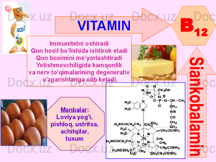 VITAMIN  
B
12
Immunitetni oshiradi
Qon hosil bo’lishida ishtirok etadi
Qon bosimini me’yorlashtiradi
Yetishmovchiligida kamqonlik
va nerv to’qimalarining degenerativ
  o’zgarishlariga olib keladi.
Manbalar :
Loviya yog’i ,
pishloq ,  ustritsa ,
  achitqilar , 
tuxum      