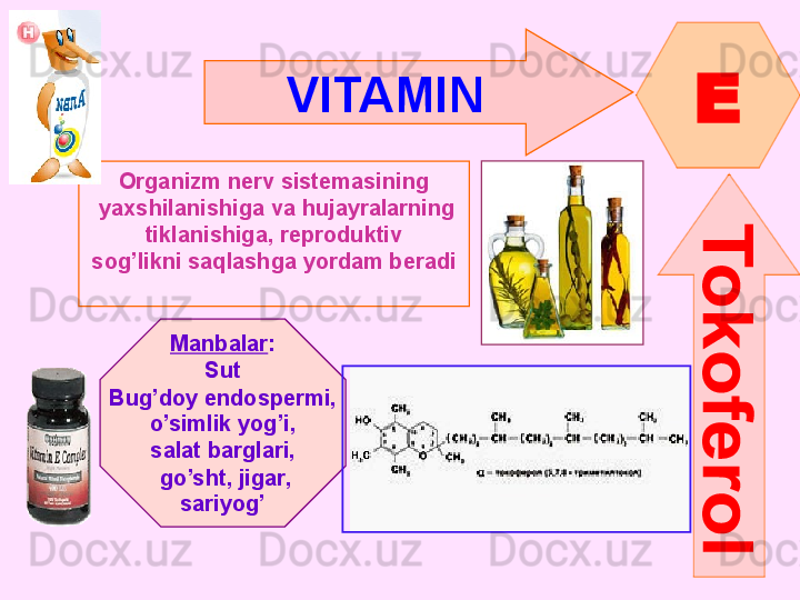 VITAMIN  
E
Organizm nerv sistemasining
  yaxshilanishiga va hujayralarning
tiklanishiga, reproduktiv
sog’likni saqlashga yordam beradi
Manbalar :
Sut
Bug’doy endospermi ,
o’simlik yog’i ,
salat barglari ,
  go’sht ,  jigar ,
sariyog’
       