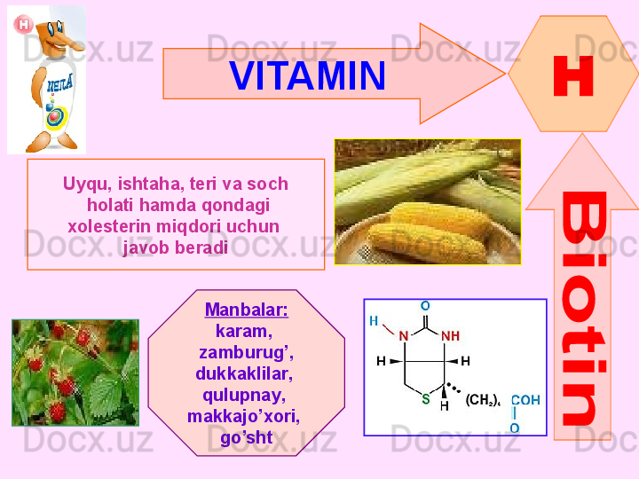 VITAMIN  
H
Uyqu, ishtaha, teri va soch
  holati hamda qondagi
xolesterin miqdori uchun 
javob beradi
Manbalar :
karam , 
zamburug’ ,
dukkaklilar , 
qulupnay , 
makkajo’xori , 
go’sht      