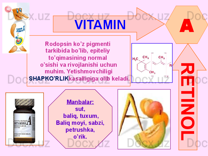 VITAMIN  
A
Rodopsin ko’z pigmenti 
tarkibida bo’lib, epiteliy 
to’qimasining normal 
o’sishi va rivojlanishi uchun
muhim .  Yetishmovchiligi
  SHAPKO’RLIK kasalligiga olib keladi .
Manbalar :
sut ,
  baliq ,  tuxum ,
Baliq moyi ,  sabzi ,
petrushka ,
o’rik .      