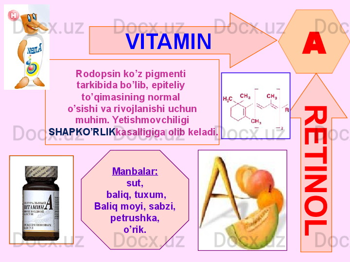 VITAMIN  
A
Rodopsin ko’z pigmenti 
tarkibida bo’lib, epiteliy 
to’qimasining normal 
o’sishi va rivojlanishi uchun
muhim .  Yetishmovchiligi
  SHAPKO’RLIK kasalligiga olib keladi .
Manbalar :
sut ,
  baliq ,  tuxum ,
Baliq moyi ,  sabzi ,
petrushka ,
o’rik .