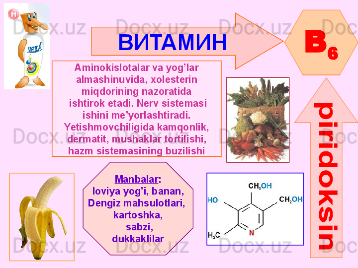 ВИТАМИН  
B
6
Aminokislotalar va yog’lar
almashinuvida, xolesterin
miqdorining nazoratida
  ishtirok etadi. Nerv sistemasi
  ishini me’yorlashtiradi. 
Yetishmovchiligida kamqonlik,
dermatit ,  mushaklar tortilishi ,
hazm sistemasining buzilishi
Manbalar :
loviya yog’i ,  banan ,
Dengiz mahsulotlari , 
kartoshka ,
  sabzi ,
dukkaklilar      