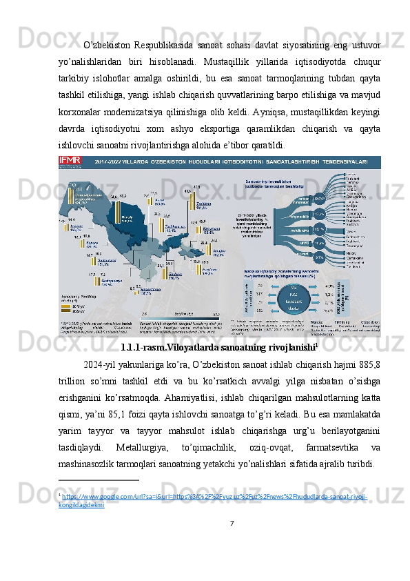 O’zbekiston   Respublikasida   sanoat   sohasi   davlat   siyosatining   eng   ustuvor
yo’nalishlaridan   biri   hisoblanadi.   Mustaqillik   yillarida   iqtisodiyotda   chuqur
tarkibiy   islohotlar   amalga   oshirildi,   bu   esa   sanoat   tarmoqlarining   tubdan   qayta
tashkil etilishiga, yangi ishlab chiqarish quvvatlarining barpo etilishiga va mavjud
korxonalar  modernizatsiya qilinishiga olib keldi. Ayniqsa, mustaqillikdan keyingi
davrda   iqtisodiyotni   xom   ashyo   eksportiga   qaramlikdan   chiqarish   va   qayta
ishlovchi sanoatni rivojlantirishga alohida e’tibor qaratildi.
1.1.1-rasm.Viloyatlarda sanoatning rivojlanishi 1
2024-yil yakunlariga ko’ra, O’zbekiston sanoat ishlab chiqarish hajmi 885,8
trillion   so’mni   tashkil   etdi   va   bu   ko’rsatkich   avvalgi   yilga   nisbatan   o’sishga
erishganini   ko’rsatmoqda.   Ahamiyatlisi,   ishlab   chiqarilgan   mahsulotlarning   katta
qismi, ya’ni 85,1 foizi qayta ishlovchi sanoatga to’g’ri keladi. Bu esa mamlakatda
yarim   tayyor   va   tayyor   mahsulot   ishlab   chiqarishga   urg’u   berilayotganini
tasdiqlaydi.   Metallurgiya,   to’qimachilik,   oziq-ovqat,   farmatsevtika   va
mashinasozlik tarmoqlari sanoatning yetakchi yo’nalishlari sifatida ajralib turibdi.
1
  https://www.google.com/url?sa=i&url=https%3A%2F%2Fyuz.uz%2Fuz%2Fnews%2Fhududlarda-sanoat-rivoji-
kongildagidekmi   
7 