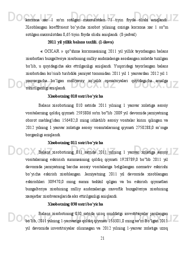 korxona   xar   1   so ' m   sotilgan   maxsulotdan   71   tiyin   foyda   olishi   aniqlandi .
Xisoblangan   koeffitsient   bo ’ yicha   xisobot   yilining   oxiriga   korxona   xar   1   so ‟ m
sotilgan   maxsulotdan  0,65  tiyin   foyda   olishi   aniqlandi . (8- jadval ) 
2011 yil yillik balans taxlili. (1-ilova) 
  «   OCKAR   »   qo shma   korxonasining   2011   yil   yillik   tayorlangan   balans‟
xisobotlari buxgalteriya xisobining milliy andozalariga asoslangan xolatda tuzilgan
bo’lib,   u   quyidagicha   aks   ettrilganligi   aniqlandi.   Yuqoridagi   tayorlangan   balans
xisobotidan ko’rinib turibdiki jamiyat tomonidan 2011 yil 1 yanvardan 2012 yil 1
yanvargacha   bo’lgan   moliyaviy   xo’jalik   operatsiyalari   quyidagicha   amalga
oshirilganligi aniqlandi. 
Xisobotning 010 satri bo’yicha 
Balans   xisobotining   010   satrida   2011   yilning   1   yanvar   xolatiga   asosiy
vositalarning qoldiq qiymati 2593806 so'm bo lib 2009 yil davomida jamiyatning	
‟
oborot   mablag’idan   156482,0   ming   ishlatilib   asosiy   vositalar   kirim   qilingan   va
2012   yilning   1   yanvar   xolatiga   asosiy   vosmitalarning   qiymati   2750288,0   so’mga
borganligi aniqlandi. 
Xisobotning 011 satri bo’yicha 
Balans   xisobotining   011   satrida   2011   yilning   1   yanvar   xolatiga   asosiy
vositalarning   eskrirish   summasining   qoldiq   qiymati   1928789,0   bo lib   2011   yil	
‟
davomida   jamiyatning   barcha   asosiy   vositalariga   belgilangan   normativ   eskirishi
bo’yicha   eskirish   xisoblangan.   Jamiyatning   2011   yil   davomida   xisoblangan
eskirishlari   309470,0   ming   sumni   tashkil   qilgan   va   bu   eskirish   qiymatlari
buxgalteriya   xisobining   milliy   andozalariga   muvofik   buxgalteriya   xisobining
xarajatlar xisobvaraqlarida aks ettirilganligi aniqlandi. 
Xisobotning 030 satri bo’yicha 
Balans   xisobotining   030   satrida   uzoq   muddatgi   investitsiyalar   jamlangan
bo’lib, 2011 yilning 1-yanvariga qoldiq qiymati 153301,0 ming so’m Bo’lgan 2011
yil   davomida   investitsiyalar   olinmagan   va   2012   yilning   1-yanvar   xolatiga   uzoq
21