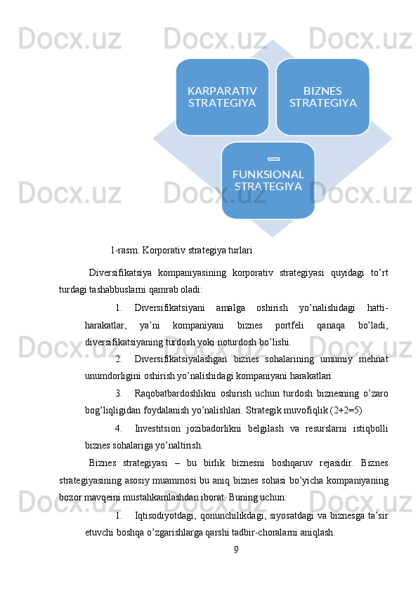 1-rasm. Korporativ strategiya turlari. 
Diversifikatsiya   kompaniyasining   korporativ   strategiyasi   quyidagi   to’rt
turdagi tashabbuslarni qamrab oladi: 
1. Diversifikatsiyani   amalga   oshirish   yo’nalishidagi   hatti-
harakatlar,   ya’ni   kompaniyani   biznes   portfeli   qanaqa   bo’ladi,
diversifikatsiyaning turdosh yoki noturdosh bo’lishi. 
2. Diversifikatsiyalashgan   biznes   sohalarining   umumiy   mehnat
unumdorligini oshirish yo’nalishidagi kompaniyani harakatlari. 
3. Raqobatbardoshlikni   oshirish   uchun   turdosh   biznesning   o’zaro
bog’liqligidan foydalanish yo’nalishlari. Strategik muvofiqlik (2+2=5) 
4. Investitsion   jozibadorlikni   belgilash   va   resurslarni   istiqbolli
biznes sohalariga yo’naltirish. 
Biznes   strategiyasi   –   bu   birlik   biznesni   boshqaruv   rejasidir.   Biznes
strategiyasining asosiy  muammosi  bu aniq biznes sohasi  bo’yicha kompaniyaning
bozor mavqeini mustahkamlashdan iborat. Buning uchun: 
1. Iqtisodiyotdagi,  qonunchilikdagi, siyosatdagi  va biznesga  ta’sir
etuvchi boshqa o’zgarishlarga qarshi tadbir-choralarni aniqlash. 
9KARPARATIV 
STRATEGIYA	
BIZNES 	
STRATEGIYA	
FUNKSIONAL 
STRATEGIYA