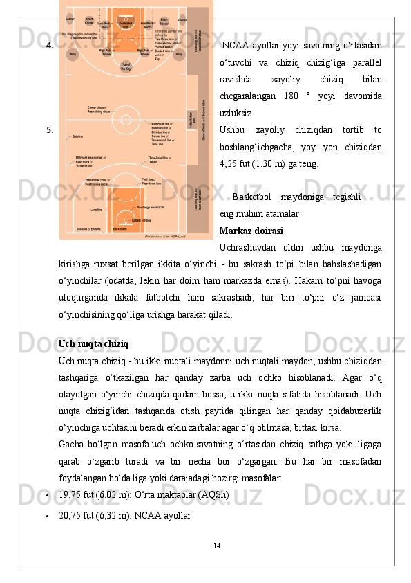4.   NCAA ayollar yoyi savatning o‘rtasidan
o‘tuvchi   va   chiziq   chizig‘iga   parallel
ravishda   xayoliy   chiziq   bilan
chegaralangan   180   °   yoyi   davomida
uzluksiz. 
5. Ushbu   xayoliy   chiziqdan   tortib   to
boshlang‘ichgacha,   yoy   yon   chiziqdan
4,25 fut (1,30 m) ga teng.
Basketbol   maydoniga   tegishli
eng muhim atamalar
Markaz doirasi
Uchrashuvdan   oldin   ushbu   maydonga
kirishga   ruxsat   berilgan   ikkita   o‘yinchi   -   bu   sakrash   to‘pi   bilan   bahslashadigan
o‘yinchilar   (odatda,   lekin   har   doim   ham   markazda   emas).   Hakam   to‘pni   havoga
uloqtirganda   ikkala   futbolchi   ham   sakrashadi,   har   biri   to‘pni   o‘z   jamoasi
o‘yinchisining qo‘liga urishga harakat qiladi.
Uch nuqta chiziq
Uch nuqta chiziq - bu ikki nuqtali maydonni   uch nuqtali maydon ; ushbu chiziqdan
tashqariga   o‘tkazilgan   har   qanday   zarba   uch   ochko   hisoblanadi.   Agar   o‘q
otayotgan   o‘yinchi   chiziqda   qadam   bossa,   u   ikki   nuqta   sifatida   hisoblanadi.   Uch
nuqta   chizig‘idan   tashqarida   otish   paytida   qilingan   har   qanday   qoidabuzarlik
o‘yinchiga uchtasini beradi   erkin zarbalar   agar o‘q otilmasa, bittasi kirsa.
Gacha   bo‘lgan   masofa   uch   ochko   savatning   o‘rtasidan   chiziq   sathga   yoki   ligaga
qarab   o‘zgarib   turadi   va   bir   necha   bor   o‘zgargan.   Bu   har   bir   masofadan
foydalangan holda liga yoki darajadagi hozirgi masofalar:
 19,75 fut (6,02 m): O‘rta maktablar (AQSh)
 20,75 fut (6,32 m): NCAA ayollar
14