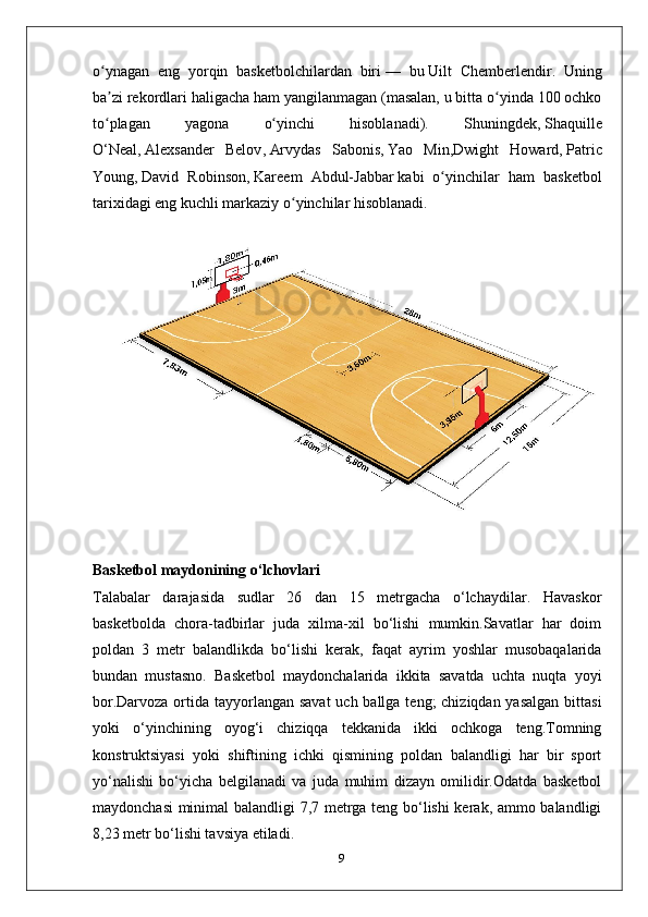 o ynagan   eng   yorqin   basketbolchilardan   biriʻ   —   bu   Uilt   Chemberlendir .   Uning
ba zi rekordlari haligacha ham yangilanmagan (masalan, u bitta o yinda 100 ochko
ʼ ʻ
to plagan   yagona   o yinchi   hisoblanadi).   Shuningdek,
ʻ ʻ   Shaquille
O‘Neal ,   Alexsander   Belov ,   Arvydas   Sabonis ,   Yao   Min , Dwight   Howard ,   Patric
Young ,   David   Robinson ,   Kareem   Abdul-Jabbar   kabi   o yinchilar   ham   basketbol	
ʻ
tarixidagi eng kuchli markaziy o yinchilar hisoblanadi.	
ʻ
Basketbol maydonining o‘lchovlari 
Talabalar   darajasida   sudlar   26   dan   15   metrgacha   o‘lchaydilar.   Havaskor
basketbolda   chora-tadbirlar   juda   xilma-xil   bo‘lishi   mumkin.Savatlar   har   doim
poldan   3   metr   balandlikda   bo‘lishi   kerak,   faqat   ayrim   yoshlar   musobaqalarida
bundan   mustasno.   Basketbol   maydonchalarida   ikkita   savatda   uchta   nuqta   yoyi
bor.Darvoza ortida tayyorlangan savat  uch ballga teng;  chiziqdan yasalgan  bittasi
yoki   o‘yinchining   oyog‘i   chiziqqa   tekkanida   ikki   ochkoga   teng.Tomning
konstruktsiyasi   yoki   shiftining   ichki   qismining   poldan   balandligi   har   bir   sport
yo‘nalishi   bo‘yicha   belgilanadi   va   juda   muhim   dizayn   omilidir.Odatda   basketbol
maydonchasi  minimal balandligi 7,7 metrga teng bo‘lishi kerak, ammo balandligi
8,23 metr bo‘lishi tavsiya etiladi.
9