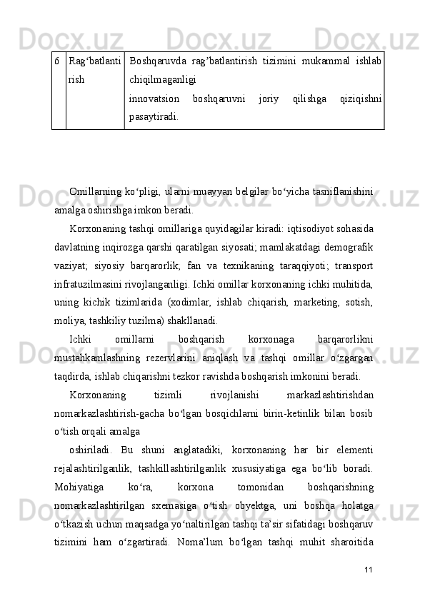 6 Rag batlantiʻ
rish Boshqaruvda   rag batlantirish   tizimini   mukammal   ishlab	ʼ
chiqilmaganligi
innovatsion   boshqaruvni   joriy   qilishga   qiziqishni
pasaytiradi.
Omillarning ko pligi, ularni muayyan belgilar bo yicha tasniflanishini	
ʻ ʻ
amalga oshirishga imkon beradi.
Korxonaning tashqi omillariga quyidagilar kiradi: iqtisodiyot sohasida
davlatning inqirozga qarshi qaratilgan siyosati; mamlakatdagi demografik
vaziyat;   siyosiy   barqarorlik;   fan   va   texnikaning   taraqqiyoti;   transport
infratuzilmasini rivojlanganligi. Ichki omillar korxonaning ichki muhitida,
uning   kichik   tizimlarida   (xodimlar,   ishlab   chiqarish,   marketing,   sotish,
moliya, tashkiliy tuzilma) shakllanadi.
Ichki   omillarni   boshqarish   korxonaga   barqarorlikni
mustahkamlashning   rezervlarini   aniqlash   va   tashqi   omillar   o zgargan	
ʻ
taqdirda, ishlab chiqarishni tezkor ravishda boshqarish imkonini beradi.
Korxonaning   tizimli   rivojlanishi   markazlashtirishdan
nomarkazlashtirish-gacha   bo lgan   bosqichlarni   birin-ketinlik   bilan   bosib	
ʻ
o tish orqali amalga	
ʻ
oshiriladi.   Bu   shuni   anglatadiki,   korxonaning   har   bir   elementi
rejalashtirilganlik,   tashkillashtirilganlik   xususiyatiga   ega   bo lib   boradi.	
ʻ
Mohiyatiga   ko ra,   korxona   tomonidan   boshqarishning	
ʻ
nomarkazlashtirilgan   sxemasiga   o tish   obyektga,   uni   boshqa   holatga	
ʻ
o tkazish uchun maqsadga yo naltirilgan tashqi ta’sir sifatidagi boshqaruv	
ʻ ʻ
tizimini   ham   o zgartiradi.   Noma’lum   bo lgan   tashqi   muhit   sharoitida	
ʻ ʻ
11 