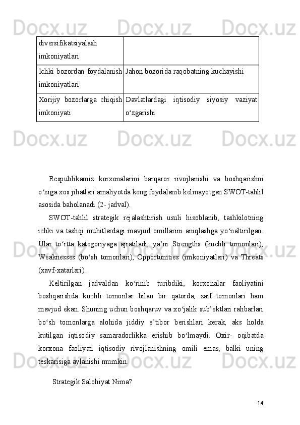 diversifikatsiyalash
imkoniyatlari
Ichki bozordan foydalanish
imkoniyatlari Jahon bozorida raqobatning kuchayishi
Xorijiy   bozorlarga   chiqish
imkoniyati Davlatlardagi   iqtisodiy   siyosiy   vaziyat
o zgarishiʻ
Respublikamiz   korxonalarini   barqaror   rivojlanishi   va   boshqarishni
o ziga xos jihatlari amaliyotda keng foydalanib kelinayotgan SWOT-tahlil	
ʻ
asosida baholanadi (2- jadval).
SWOT-tahlil   strategik   rejalashtirish   usuli   hisoblanib,   tashkilotning
ichki va tashqi muhitlardagi  mavjud omillarini aniqlashga yo naltirilgan.	
ʻ
Ular   to rtta   kategoriyaga   ajratiladi,   ya’ni   Strengths   (kuchli   tomonlari),	
ʻ
Weaknesses   (bo sh   tomonlari),   Opportunities   (imkoniyatlari)   va   Threats	
ʻ
(xavf-xatarlari).
Keltirilgan   jadvaldan   ko rinib   turibdiki,   korxonalar   faoliyatini	
ʻ
boshqarishda   kuchli   tomonlar   bilan   bir   qatorda,   zaif   tomonlari   ham
mavjud ekan. Shuning uchun boshqaruv va xo jalik sub’ektlari rahbarlari	
ʻ
bo sh   tomonlarga   alohida   jiddiy   e’tibor   berishlari   kerak,   aks   holda	
ʻ
kutilgan   iqtisodiy   samaradorlikka   erishib   bo lmaydi.   Oxir-   oqibatda	
ʻ
korxona   faoliyati   iqtisodiy   rivojlanishning   omili   emas,   balki   uning
teskarisiga aylanishi mumkin.
Strategik Salohiyat Nima?
14 